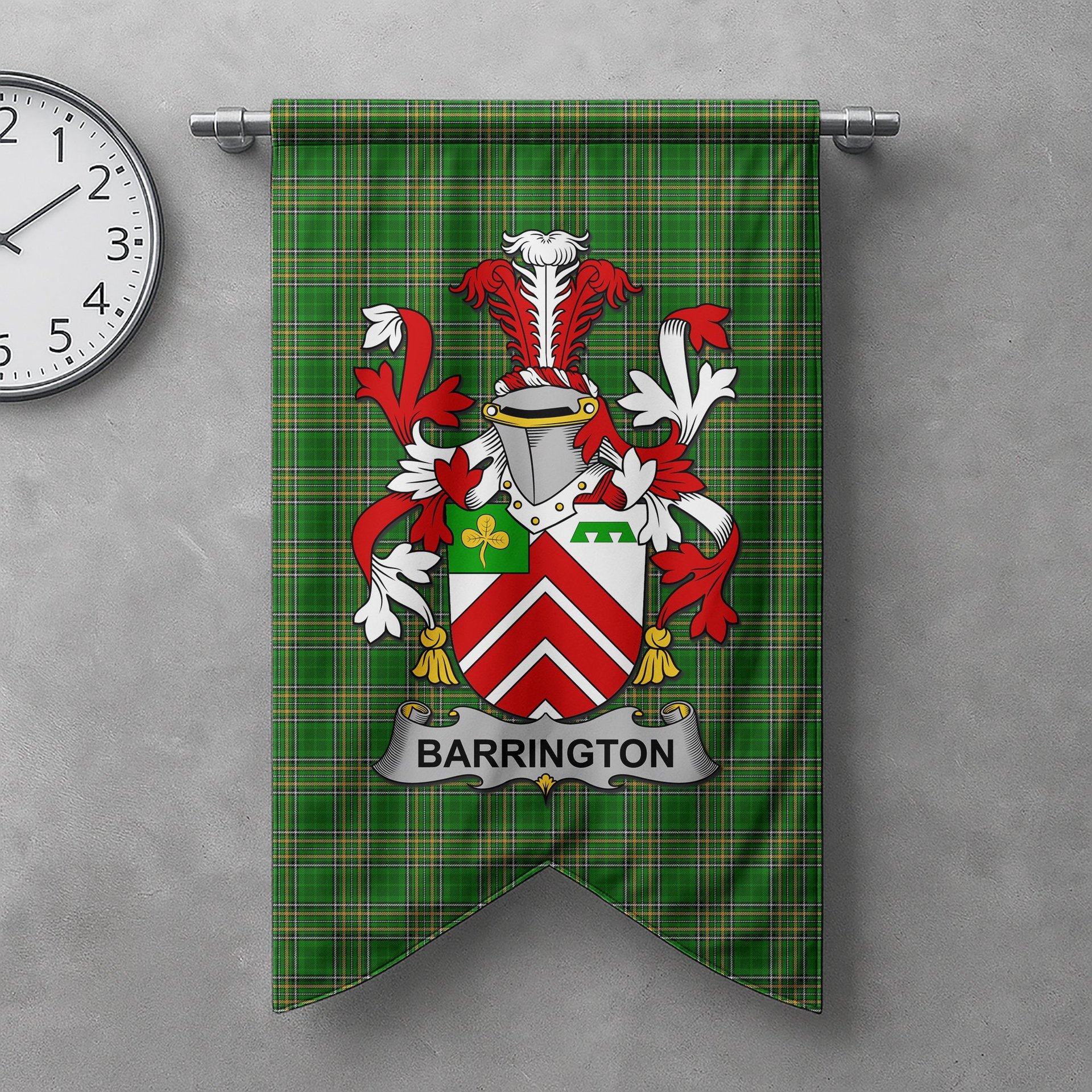 ScotsTee Shop Irish Barrington Clan Coat of Arms Irish Tartan Gonfalon Flag