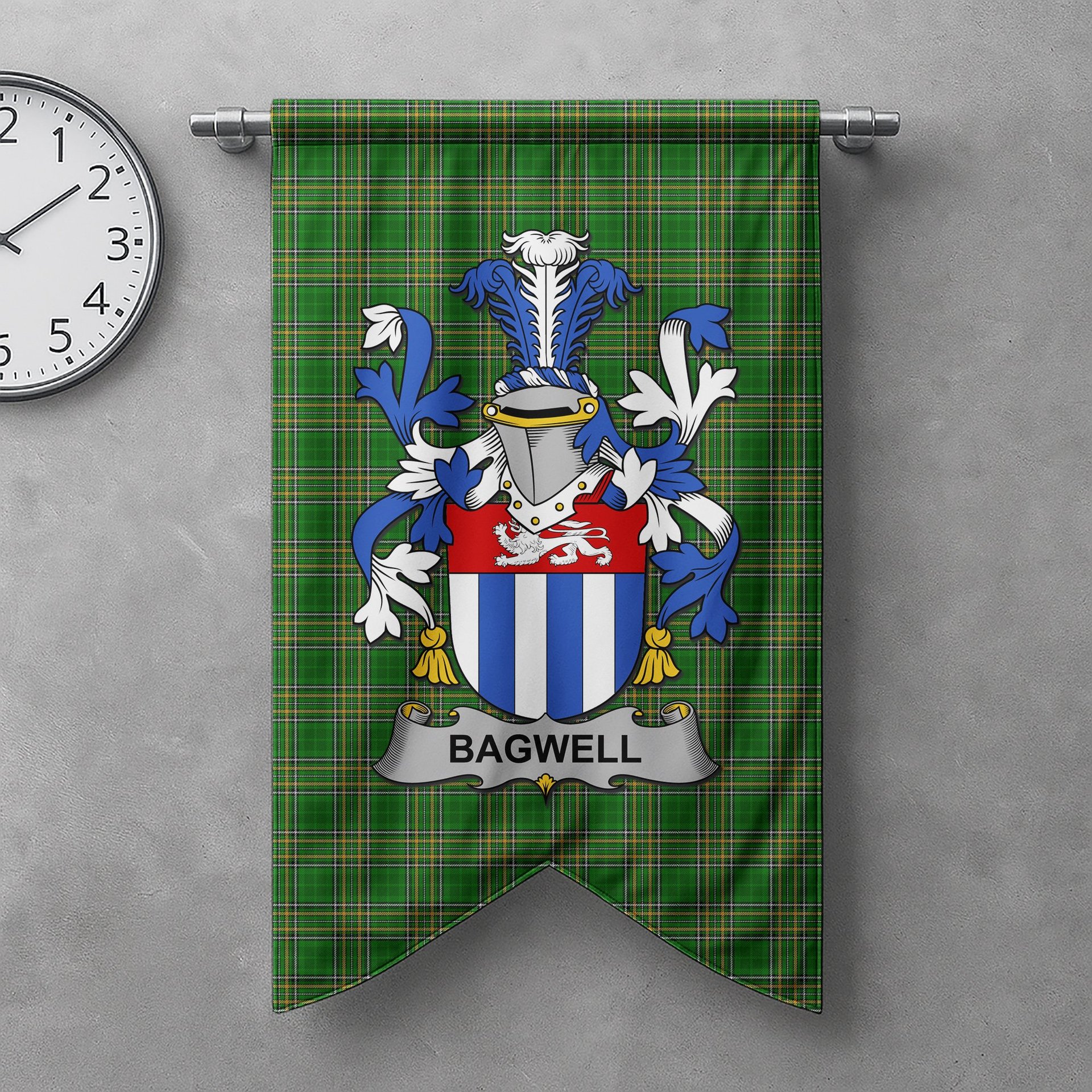 ScotsTee Shop Irish Bagwell Clan Coat of Arms Irish Tartan Gonfalon Flag