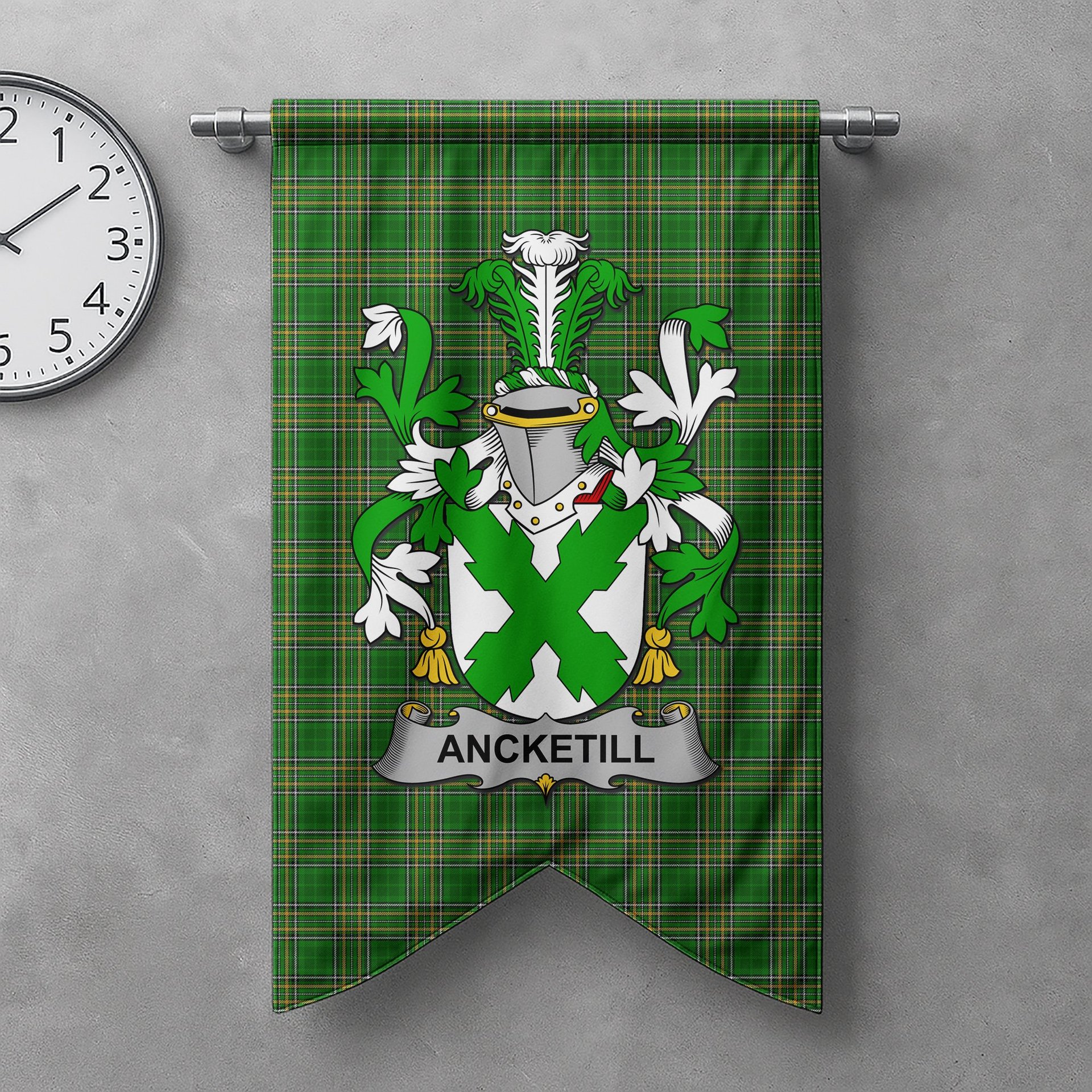 ScotsTee Shop Irish Ancketill Clan Coat of Arms Irish Tartan Gonfalon Flag