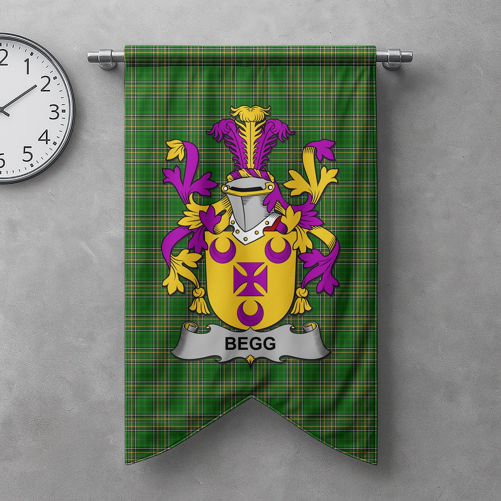 ScotsTee Shop Irish Begg Clan Coat of Arms Irish Tartan Gonfalon Flag