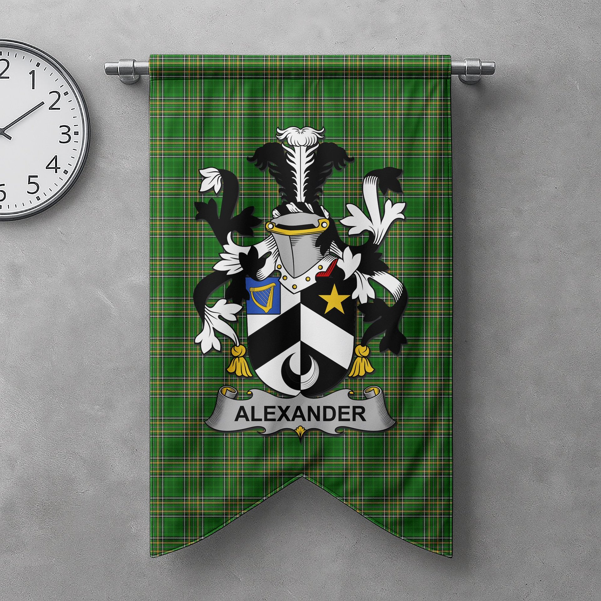 ScotsTee Shop Irish Alexander Clan Coat of Arms Irish Tartan Gonfalon Flag
