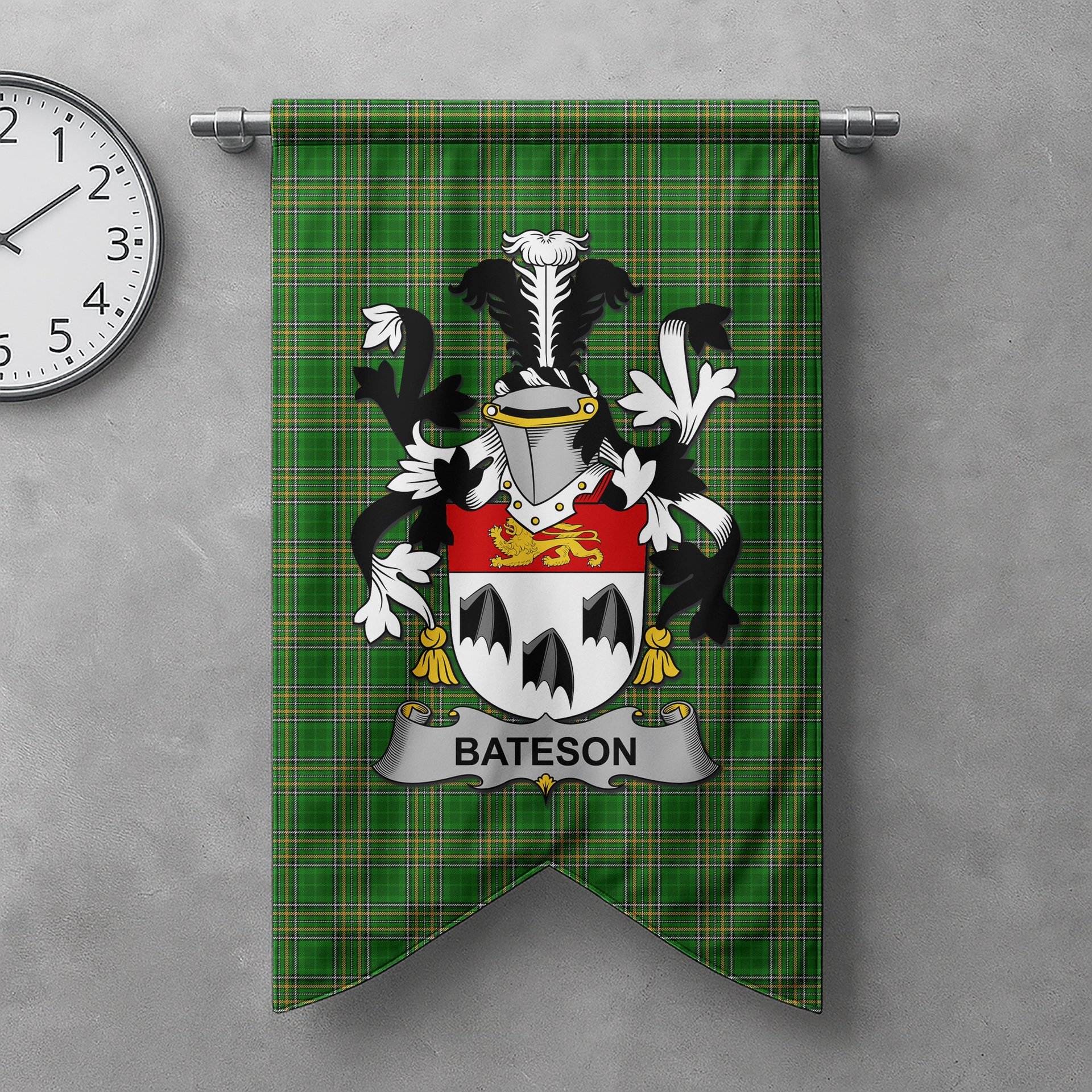 ScotsTee Shop Irish Bateson Clan Coat of Arms Irish Tartan Gonfalon Flag
