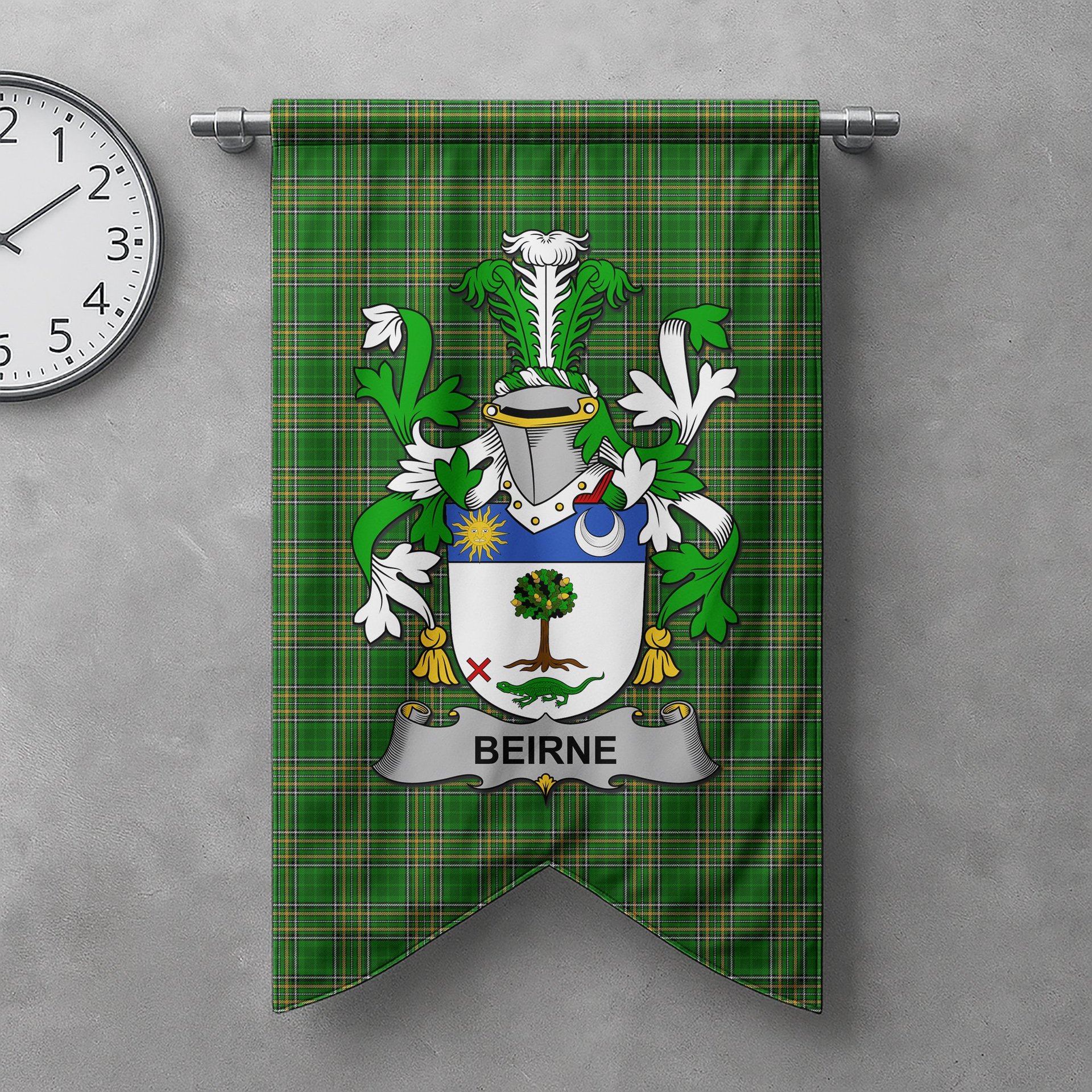 ScotsTee Shop Irish Beirne or O'Beirne Clan Coat of Arms Irish Tartan Gonfalon Flag
