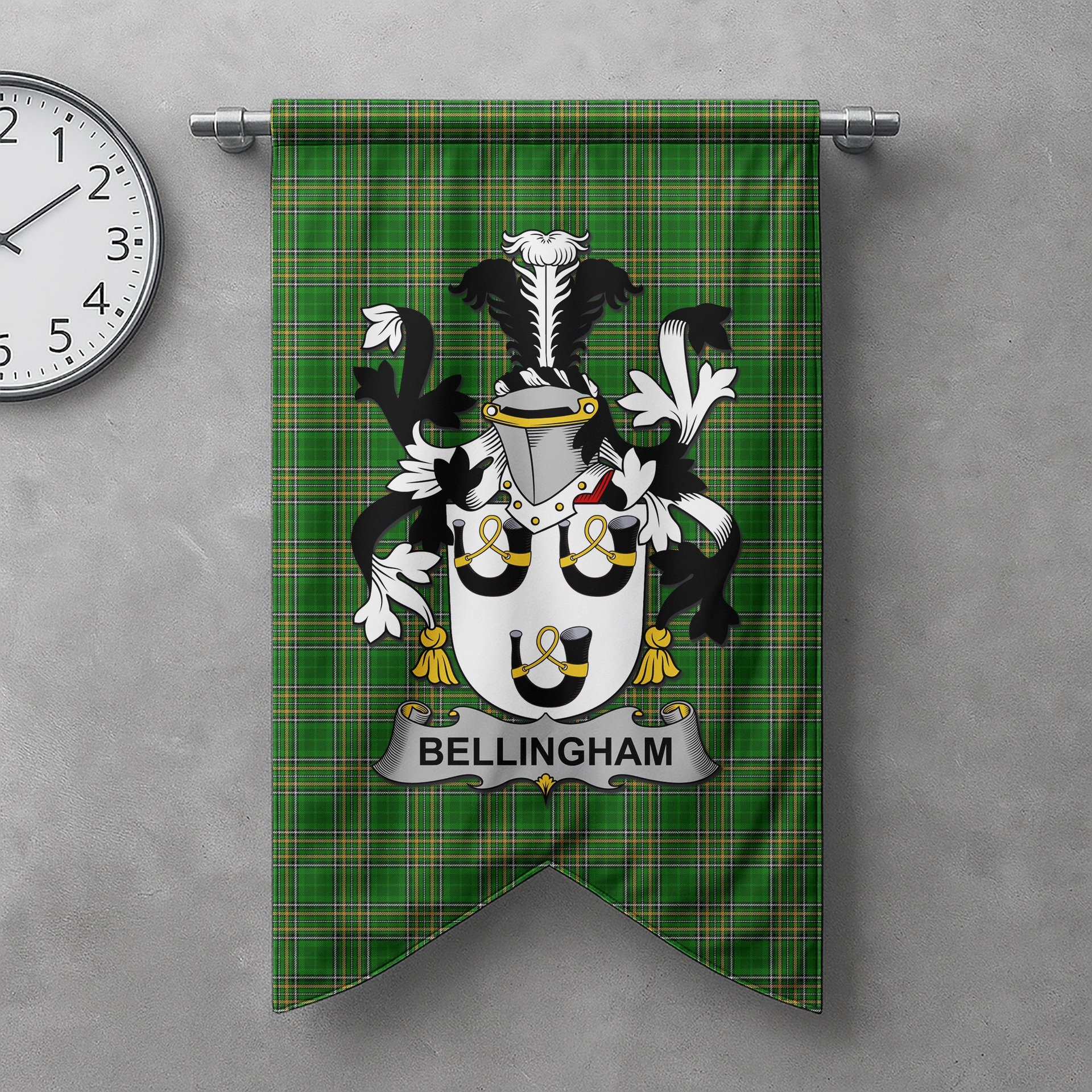 ScotsTee Shop Irish Bellingham Clan Coat of Arms Irish Tartan Gonfalon Flag