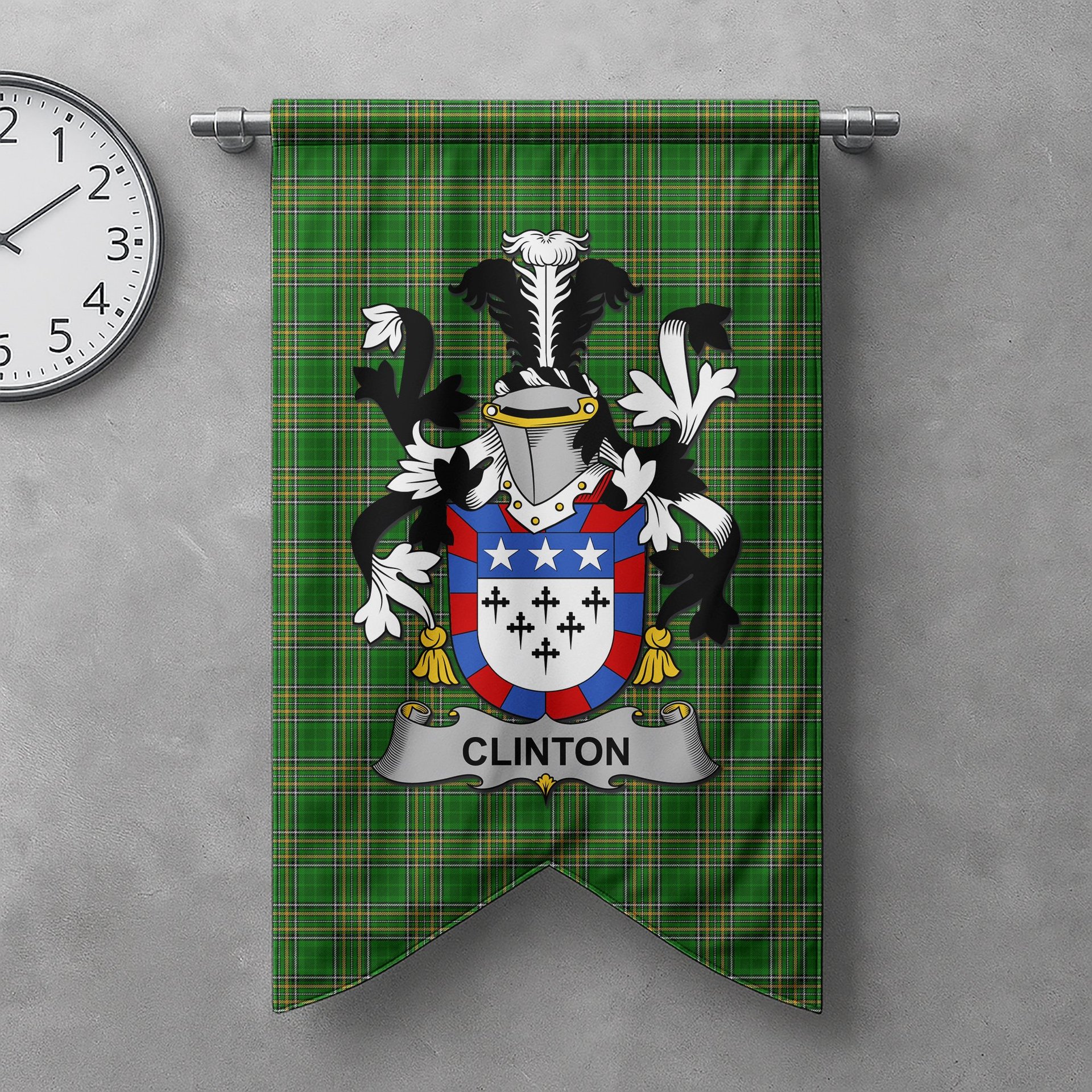 ScotsTee Shop Irish Clinton Clan Coat of Arms Irish Tartan Gonfalon Flag