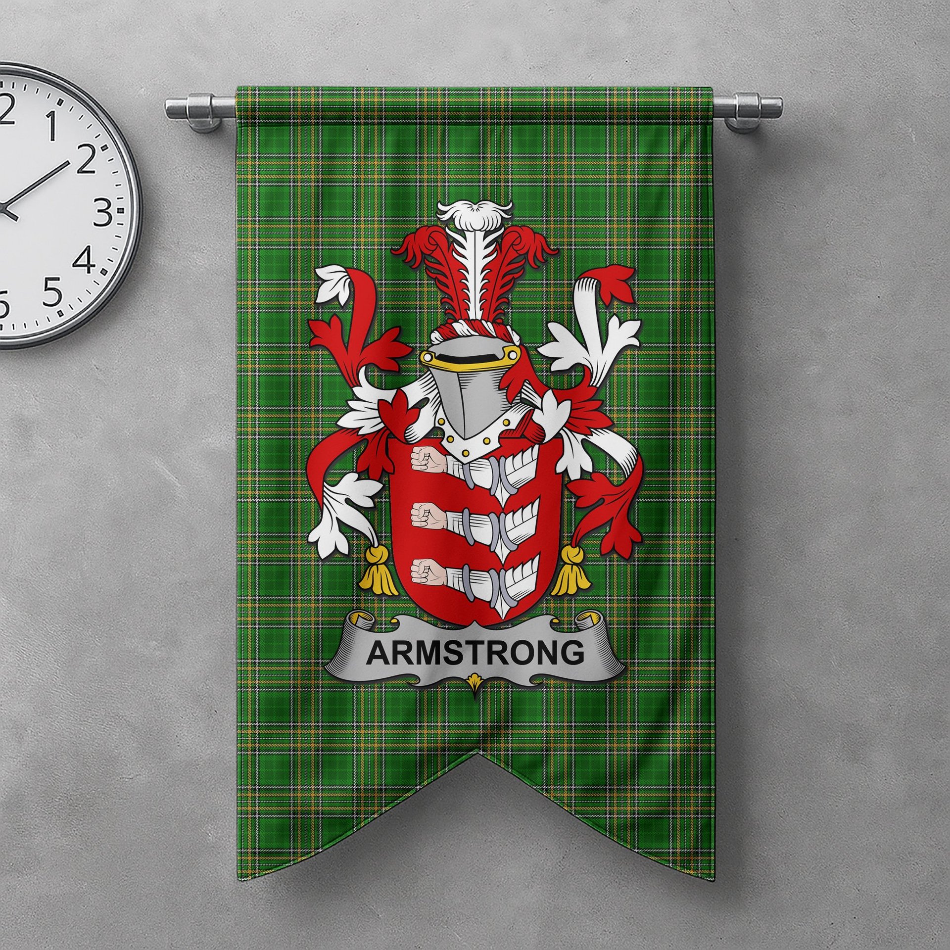 ScotsTee Shop Irish Armstrong Clan Coat of Arms Irish Tartan Gonfalon Flag
