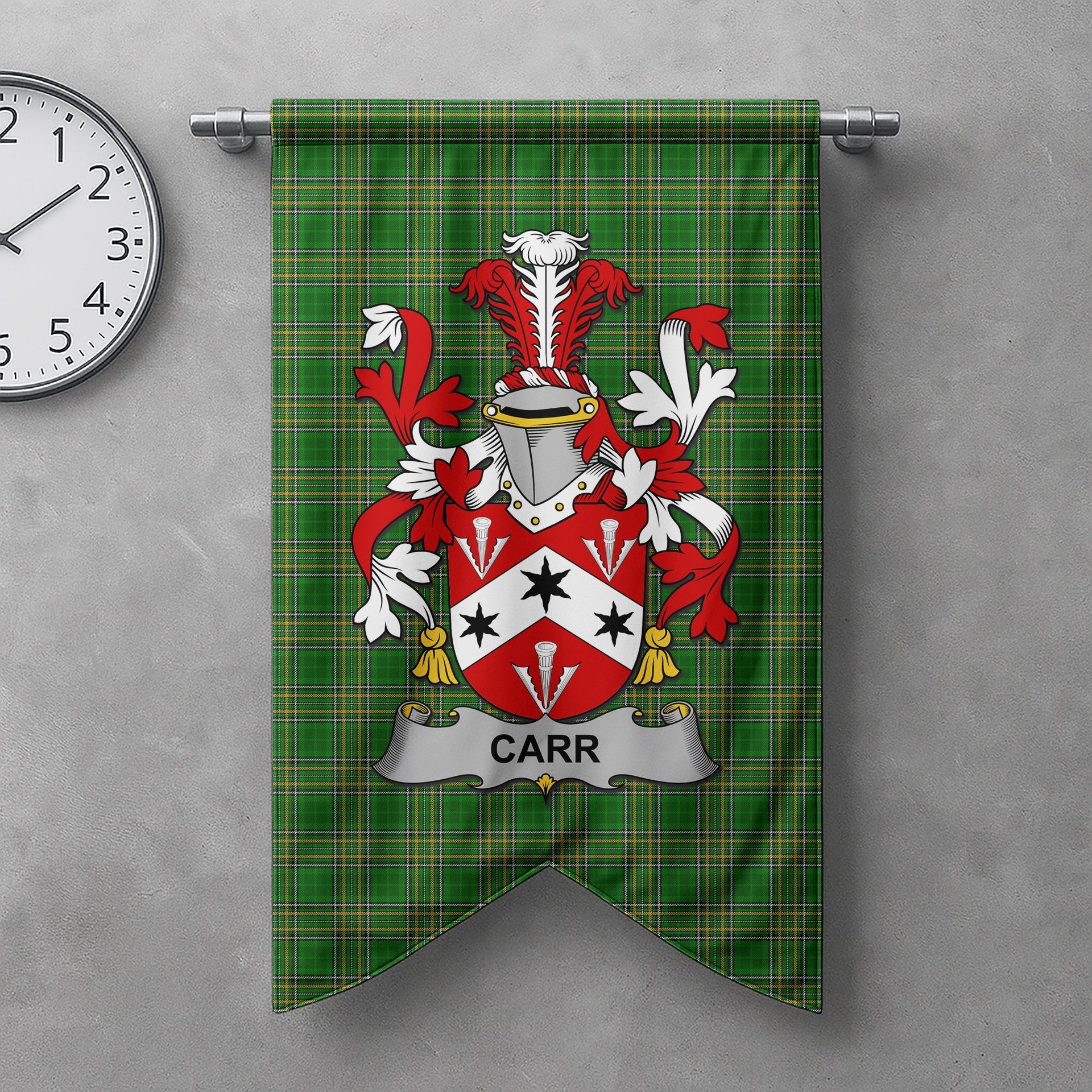 ScotsTee Shop Irish Carr Clan Coat of Arms Irish Tartan Gonfalon Flag