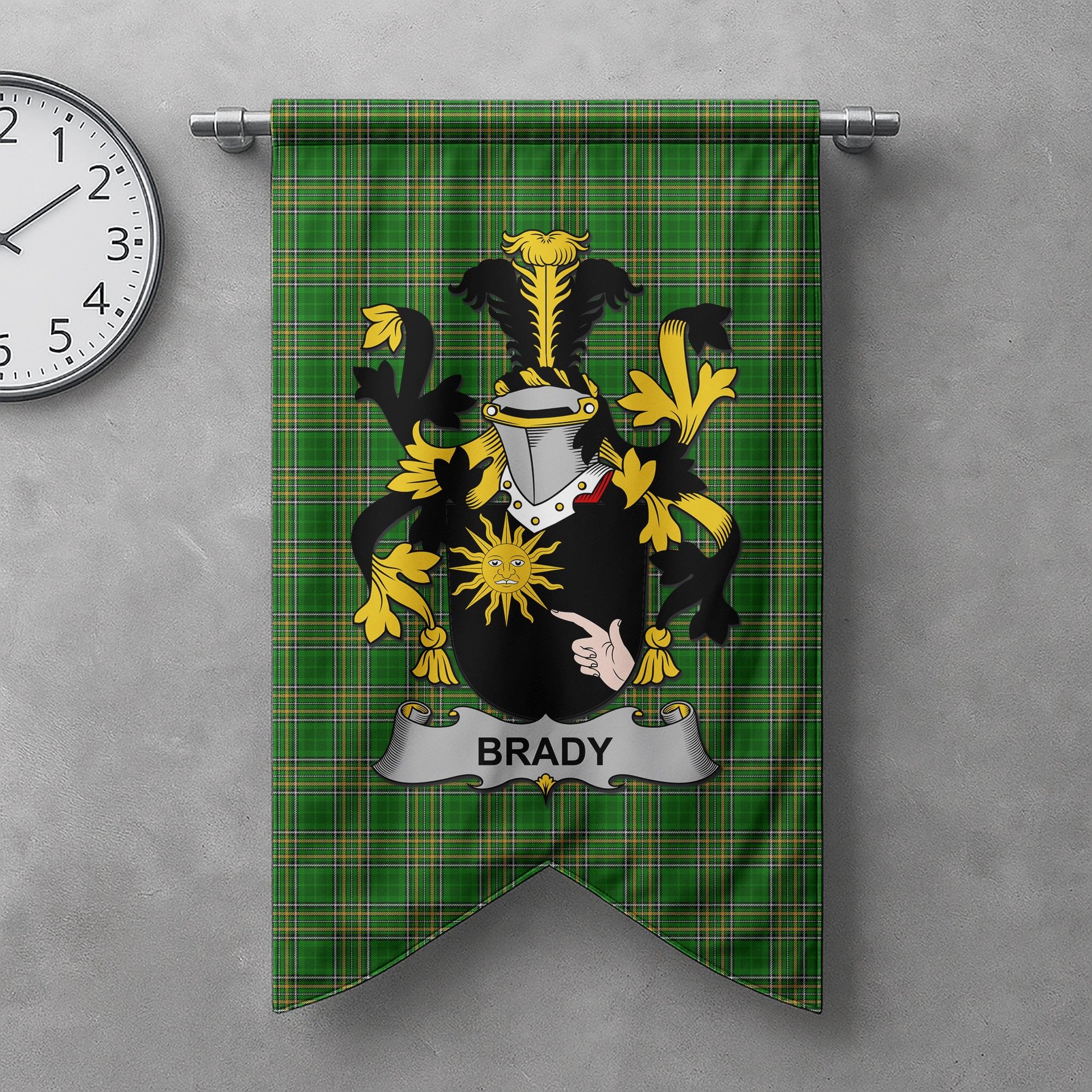 ScotsTee Shop Irish Brady or McBrady Clan Coat of Arms Irish Tartan Gonfalon Flag