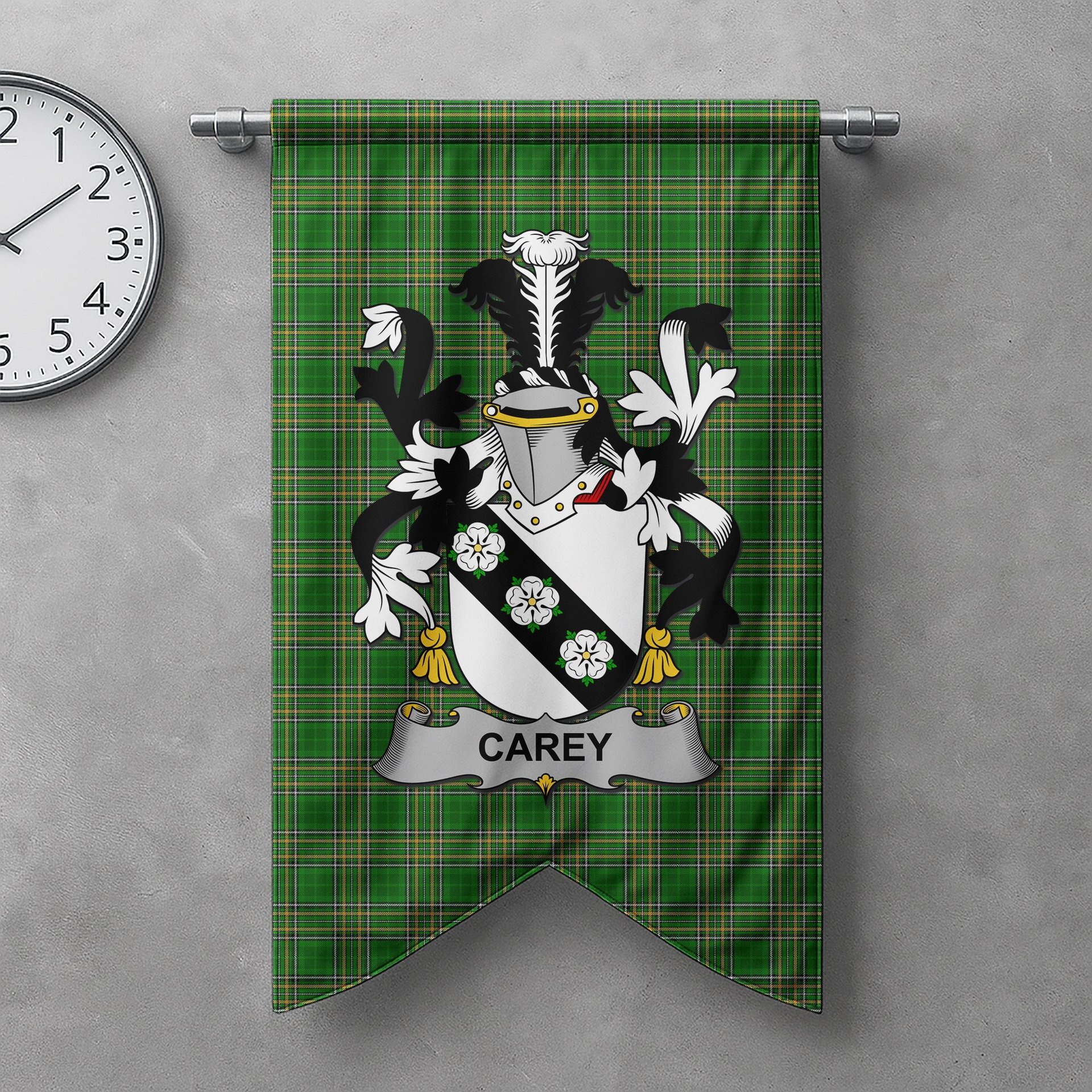 ScotsTee Shop Irish Carey or Cary Clan Coat of Arms Irish Tartan Gonfalon Flag