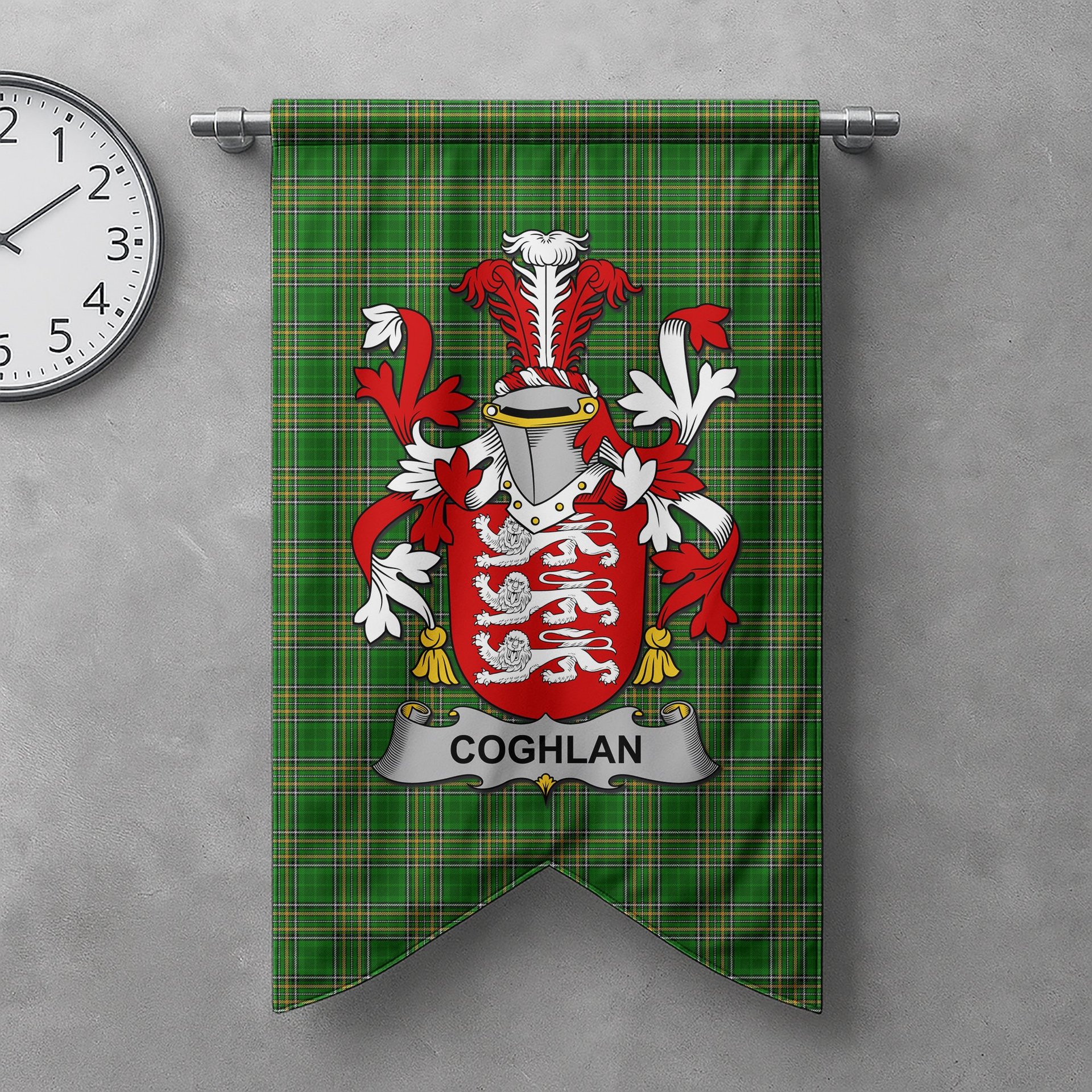 ScotsTee Shop Irish Coghlan or McCoghlan Clan Coat of Arms Irish Tartan Gonfalon Flag