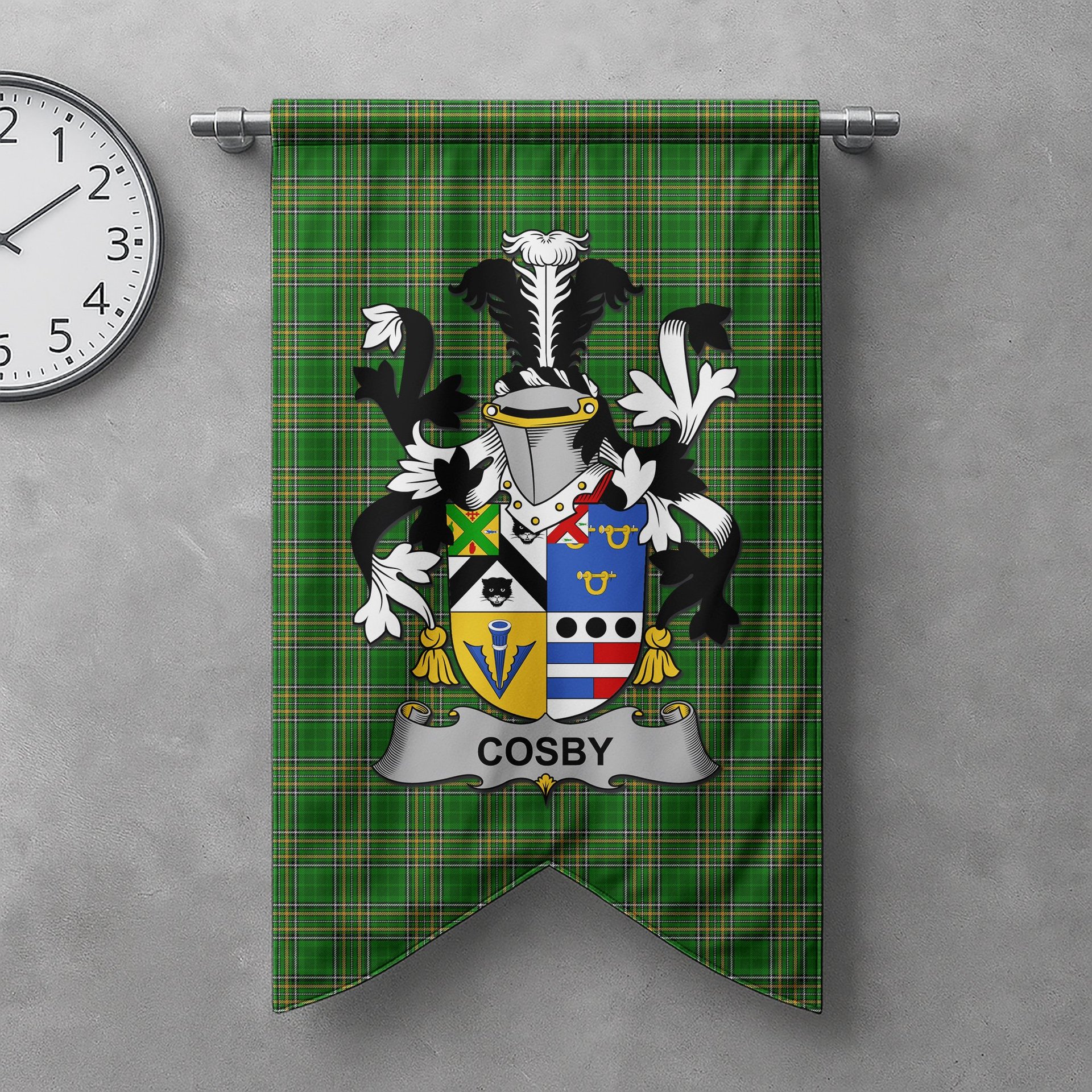 ScotsTee Shop Irish Cosby (Lord Sydney) Clan Coat of Arms Irish Tartan Gonfalon Flag