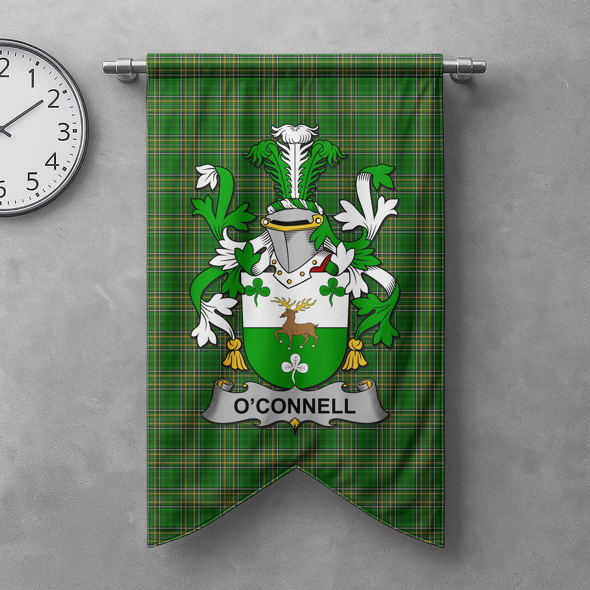 ScotsTee Shop Irish Connell or O'Connell Clan Coat of Arms Irish Tartan Gonfalon Flag