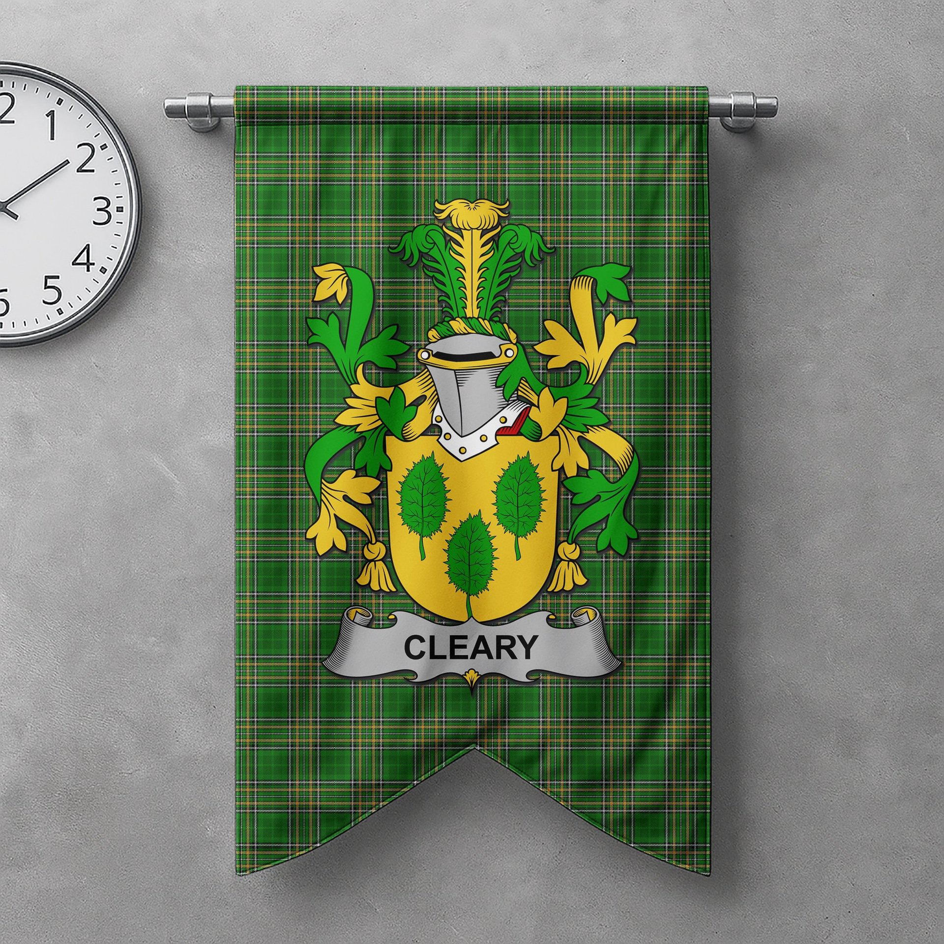 ScotsTee Shop Irish Cleary or O'Clery Clan Coat of Arms Irish Tartan Gonfalon Flag