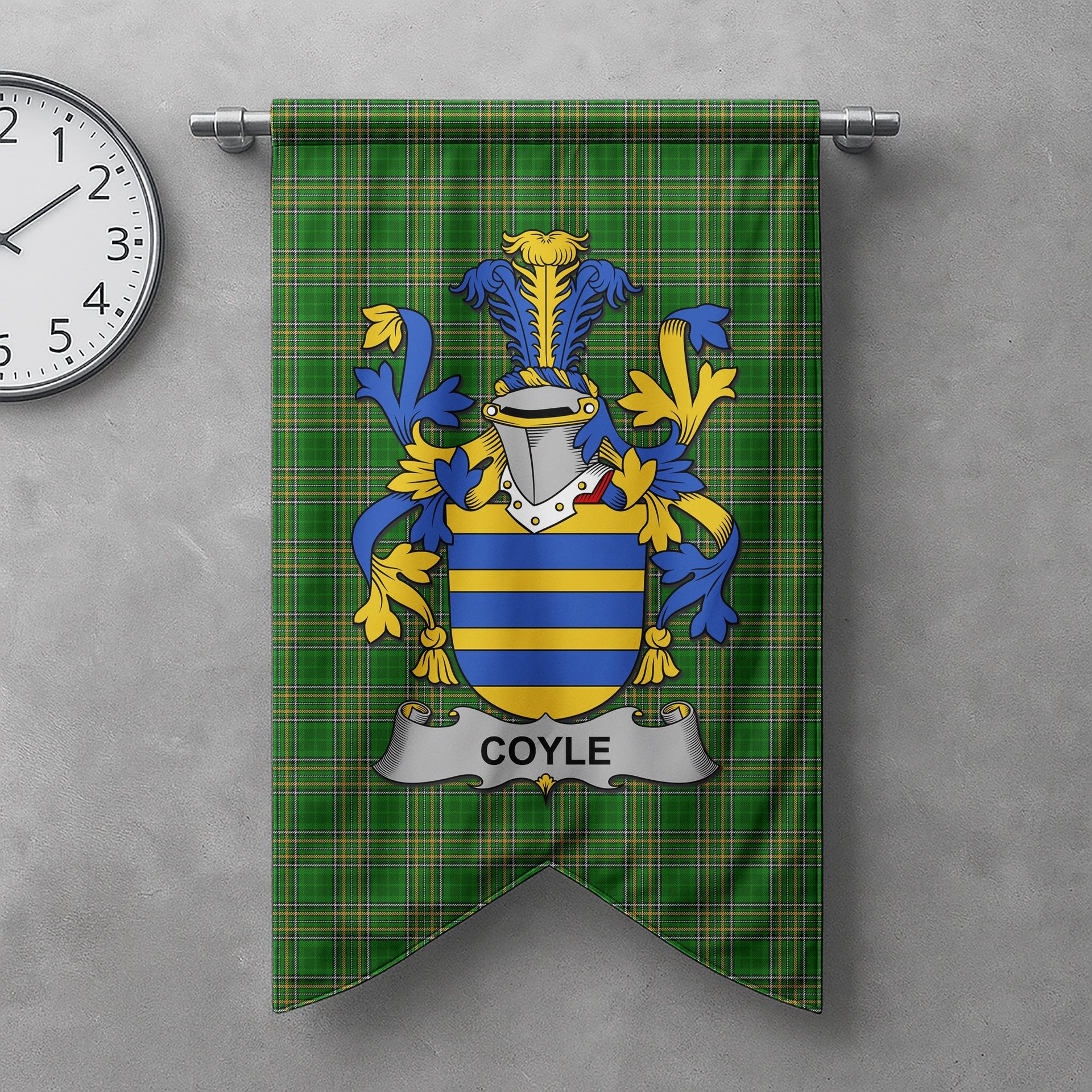 ScotsTee Shop Irish Coyle or McCoyle Clan Coat of Arms Irish Tartan Gonfalon Flag