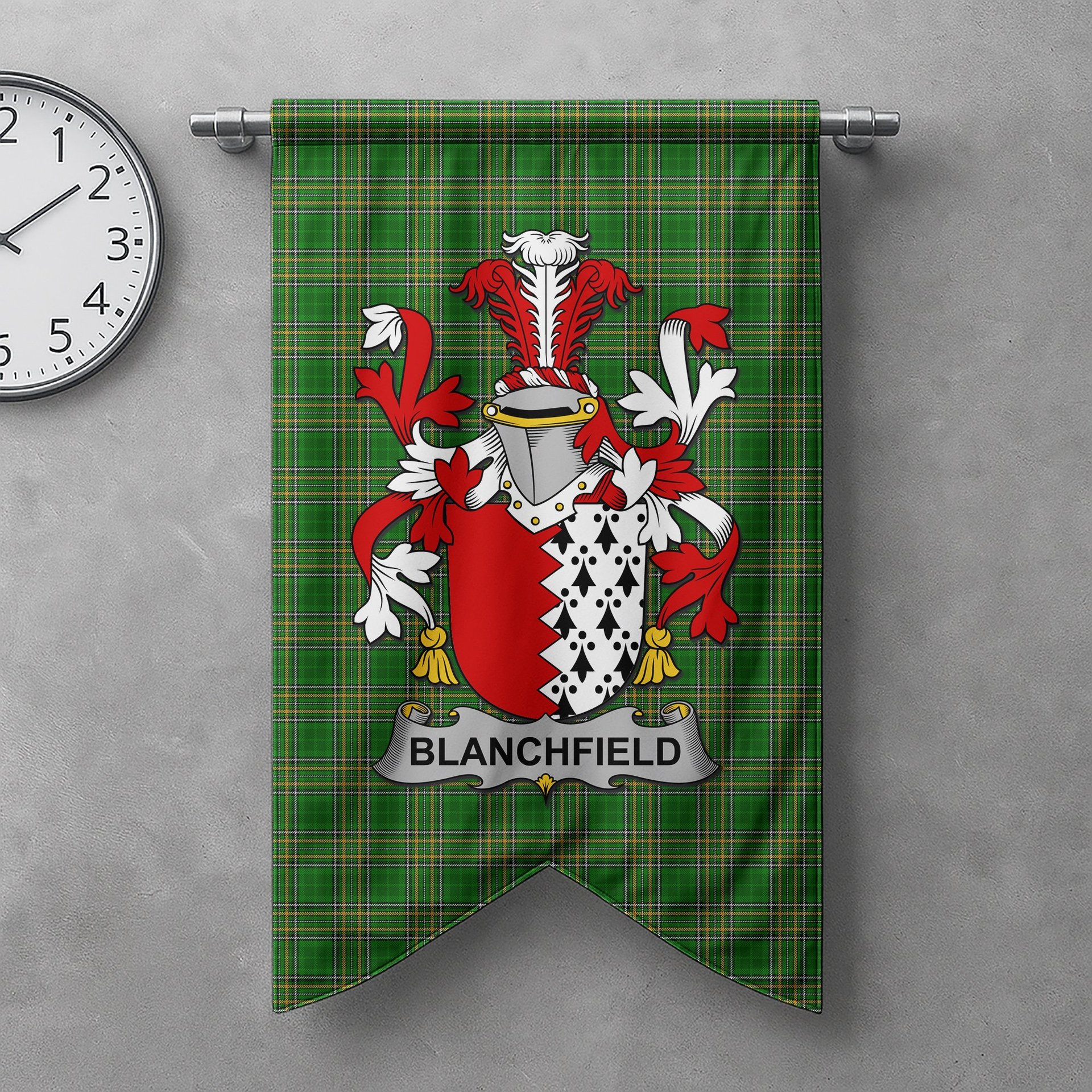 ScotsTee Shop Irish Blanchfield Clan Coat of Arms Irish Tartan Gonfalon Flag