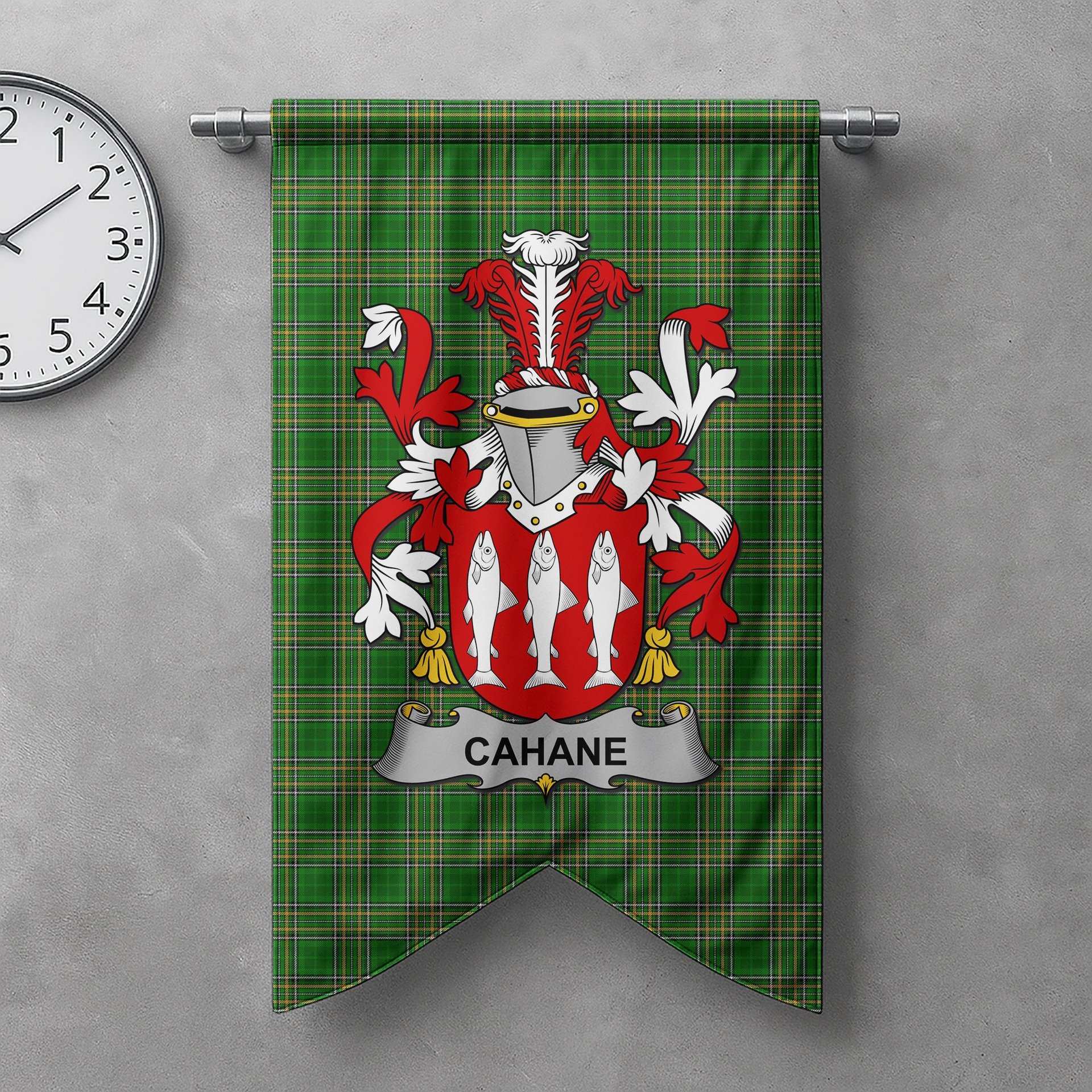 ScotsTee Shop Irish Cahane or O'Cahane Clan Coat of Arms Irish Tartan Gonfalon Flag
