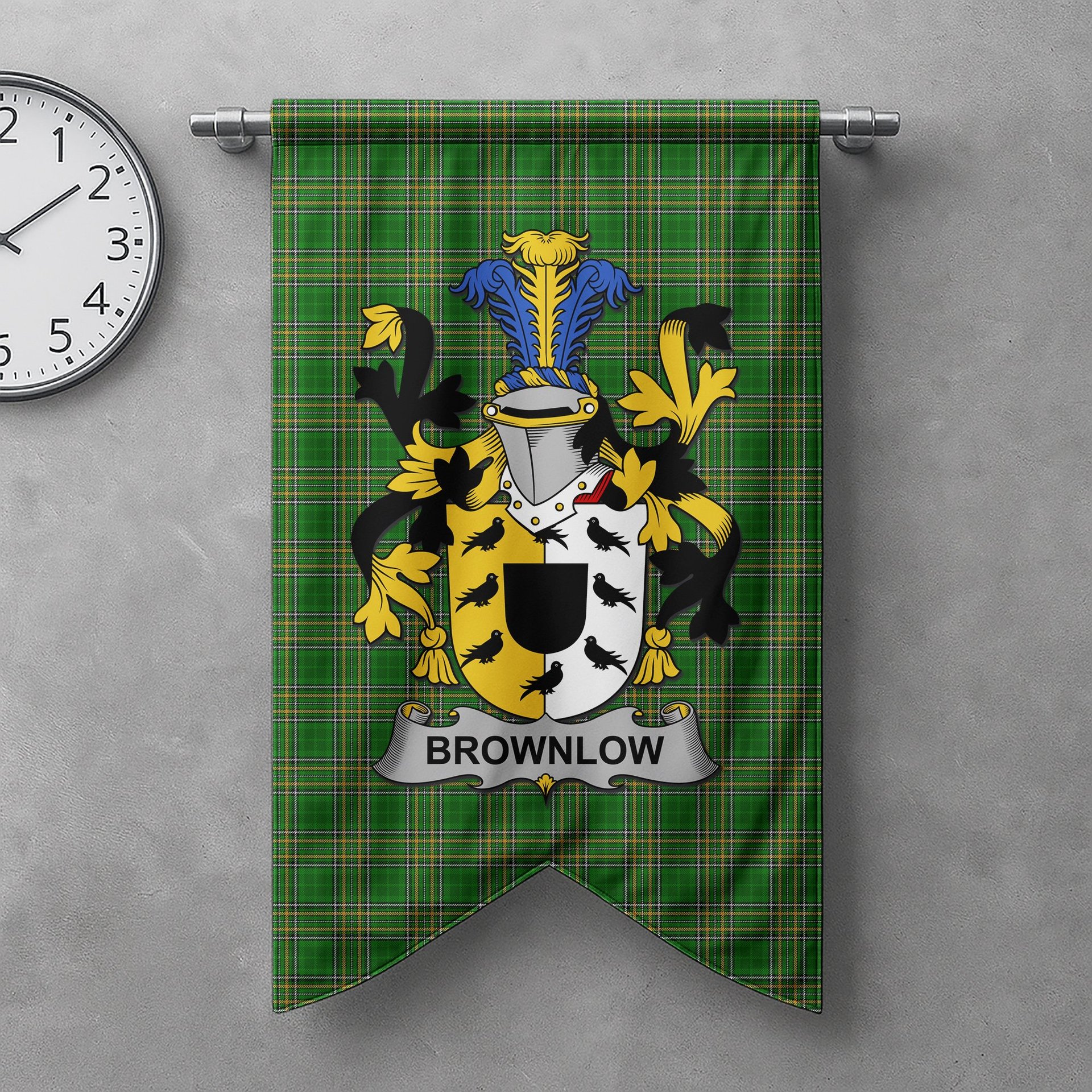 ScotsTee Shop Irish Brownlow Clan Coat of Arms Irish Tartan Gonfalon Flag