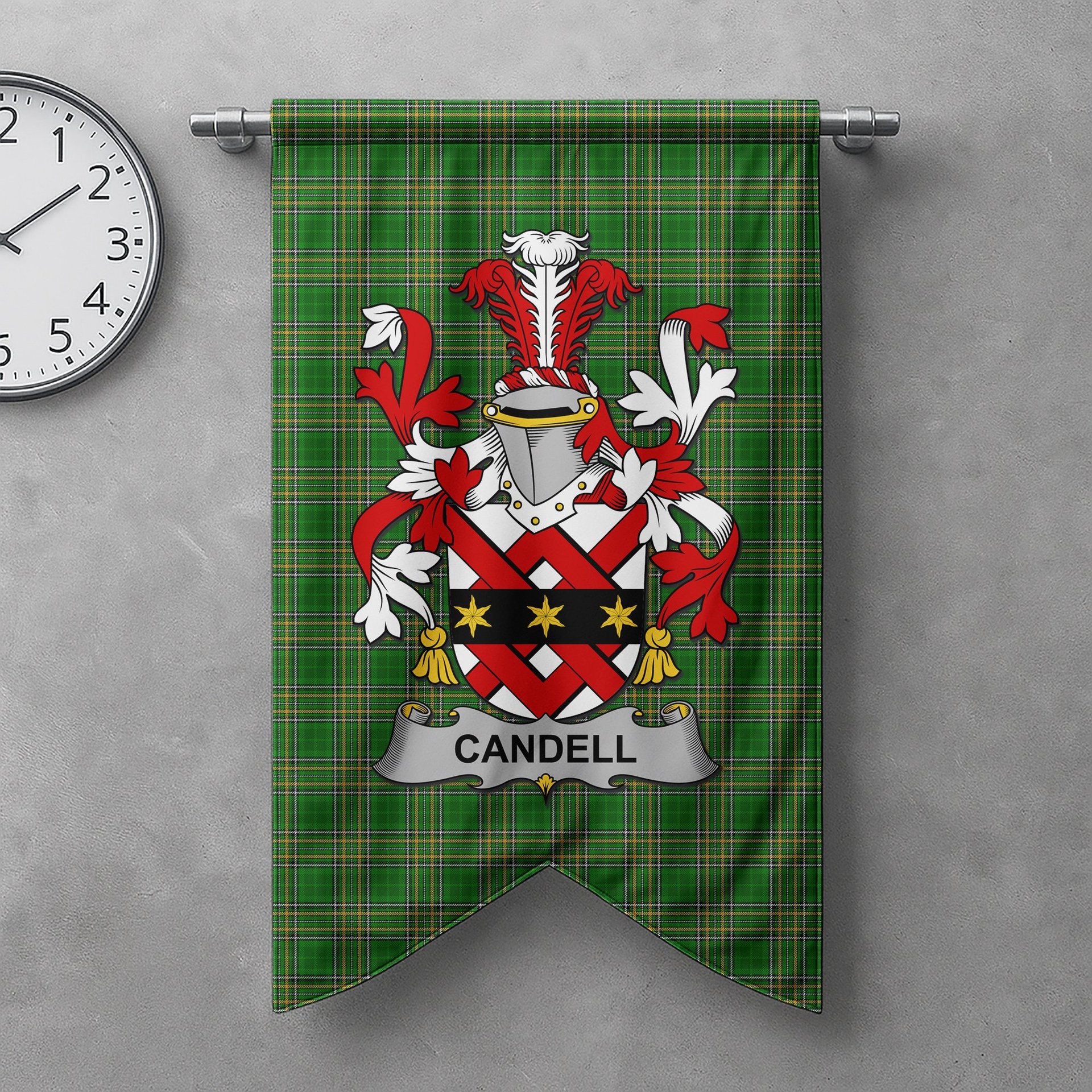ScotsTee Shop Irish Candell Clan Coat of Arms Irish Tartan Gonfalon Flag