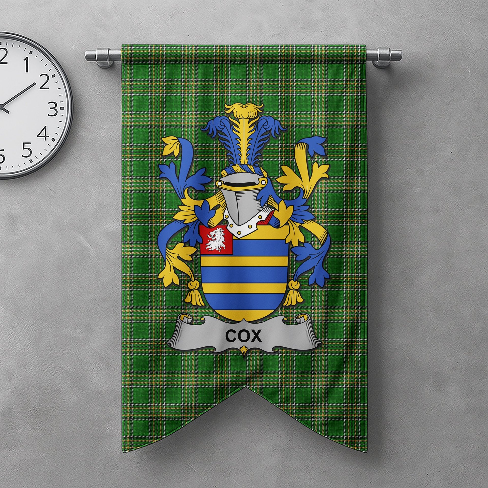 ScotsTee Shop Irish Cox Clan Coat of Arms Irish Tartan Gonfalon Flag