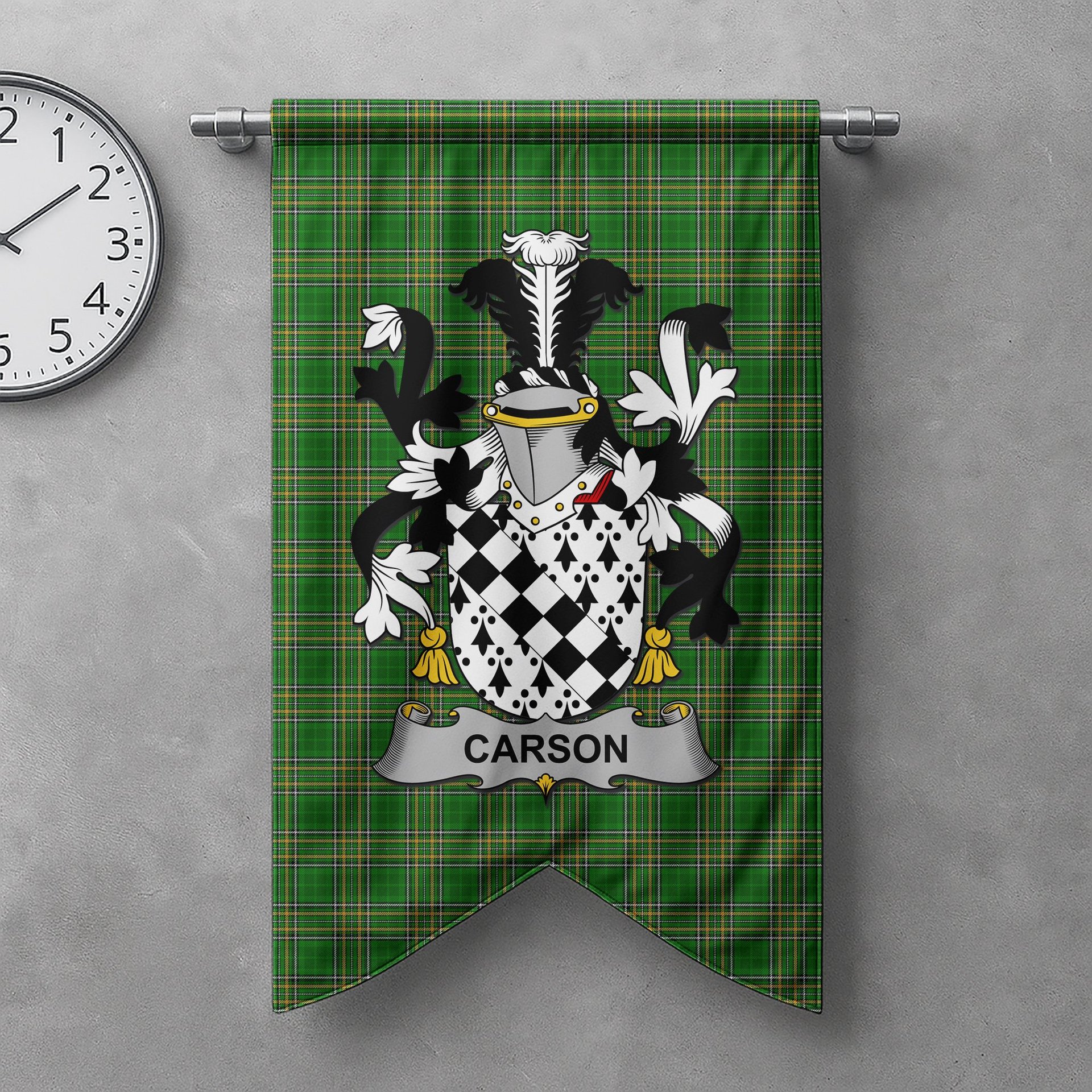 ScotsTee Shop Irish Carson Clan Coat of Arms Irish Tartan Gonfalon Flag