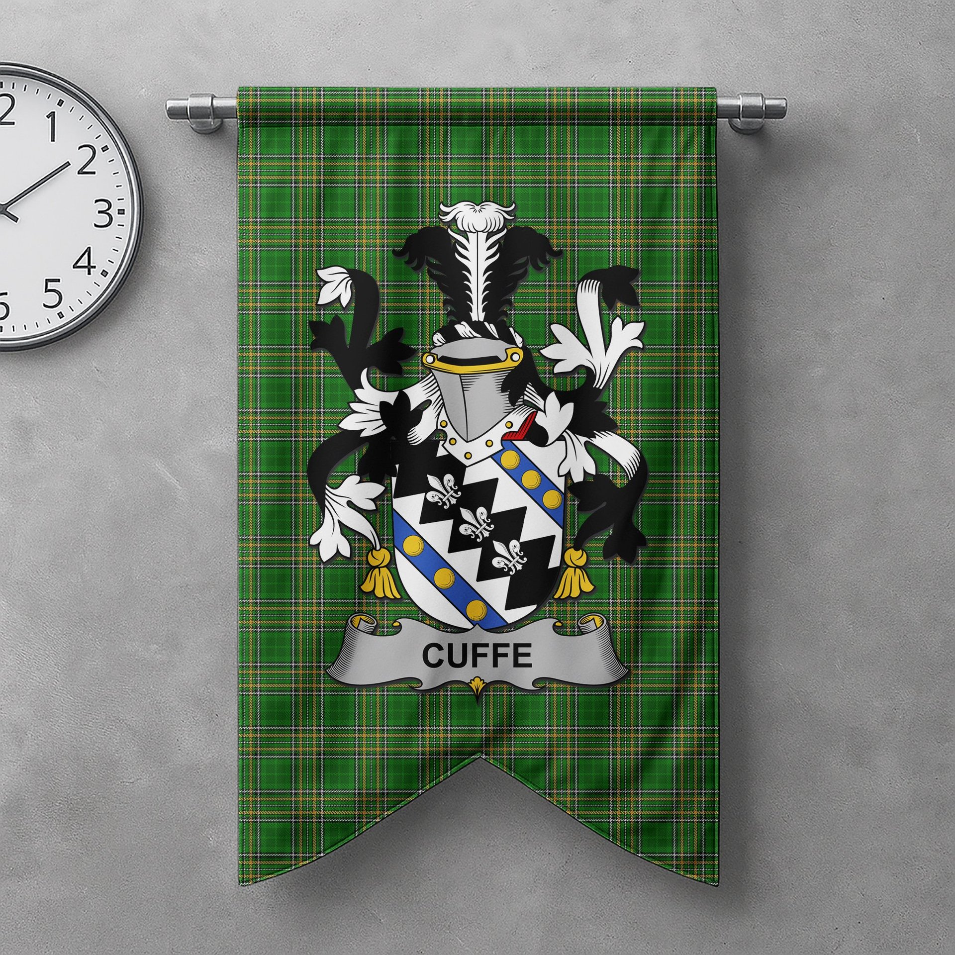 ScotsTee Shop Irish Cuffe Clan Coat of Arms Irish Tartan Gonfalon Flag