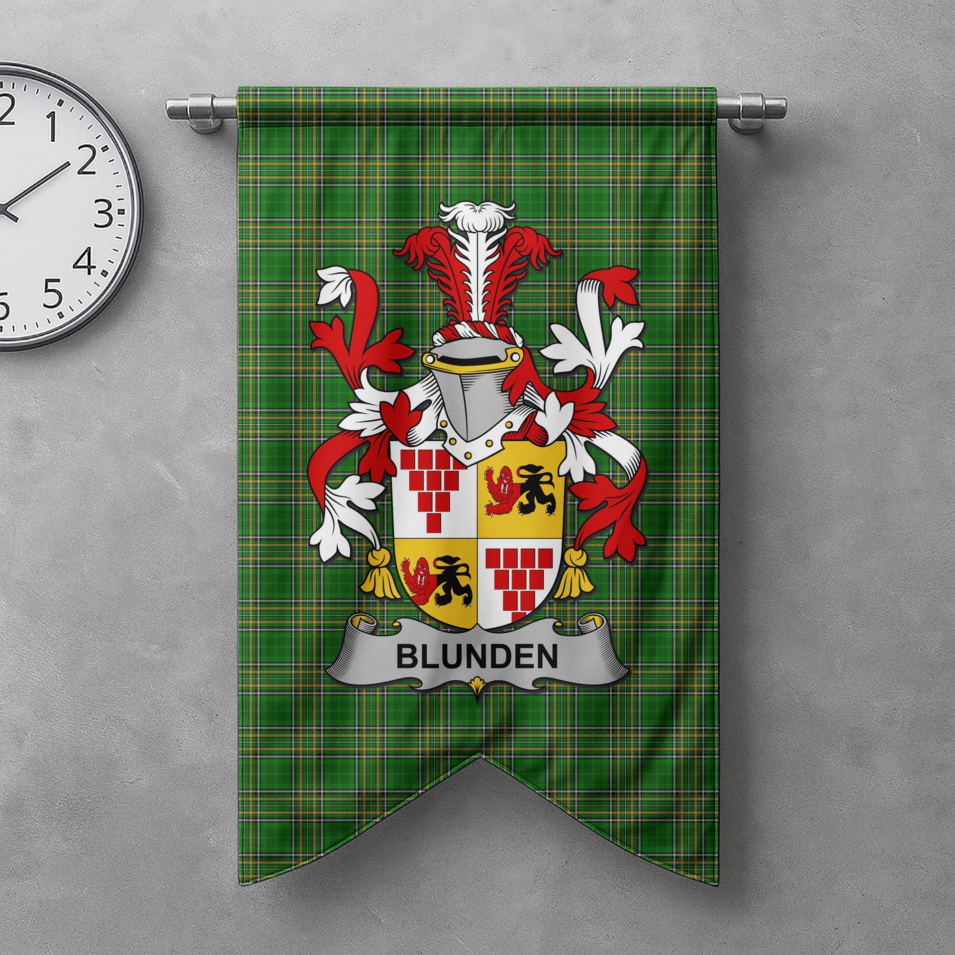 ScotsTee Shop Irish Blunden Clan Coat of Arms Irish Tartan Gonfalon Flag