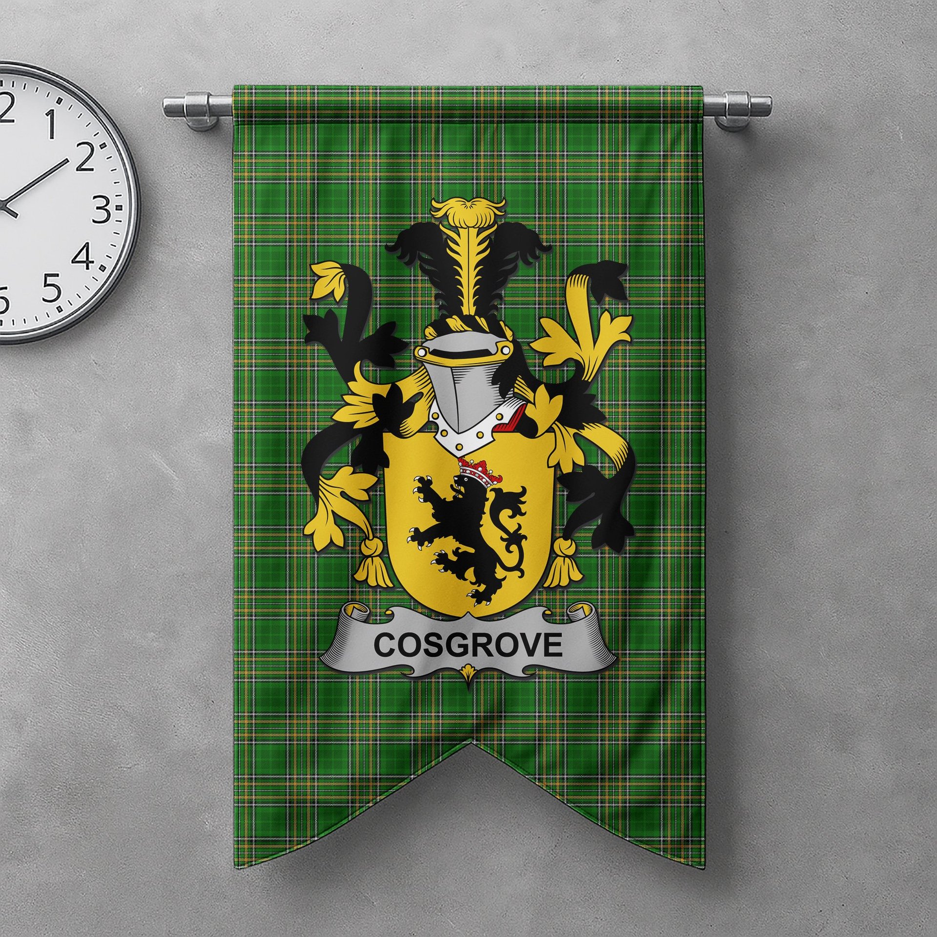 ScotsTee Shop Irish Cosgrove or O'Cosgrave Clan Coat of Arms Irish Tartan Gonfalon Flag