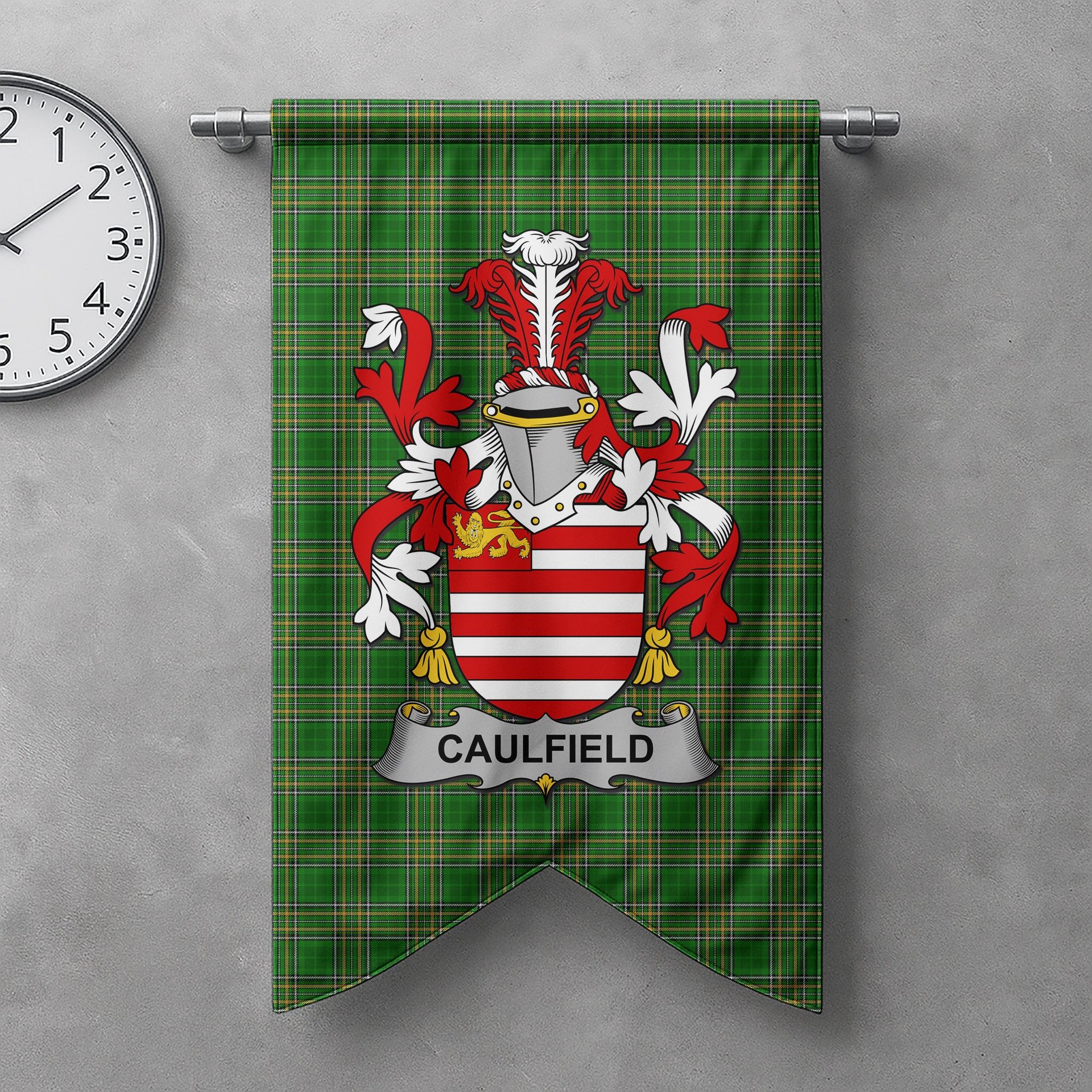 ScotsTee Shop Irish Caulfield or Gaffney Clan Coat of Arms Irish Tartan Gonfalon Flag