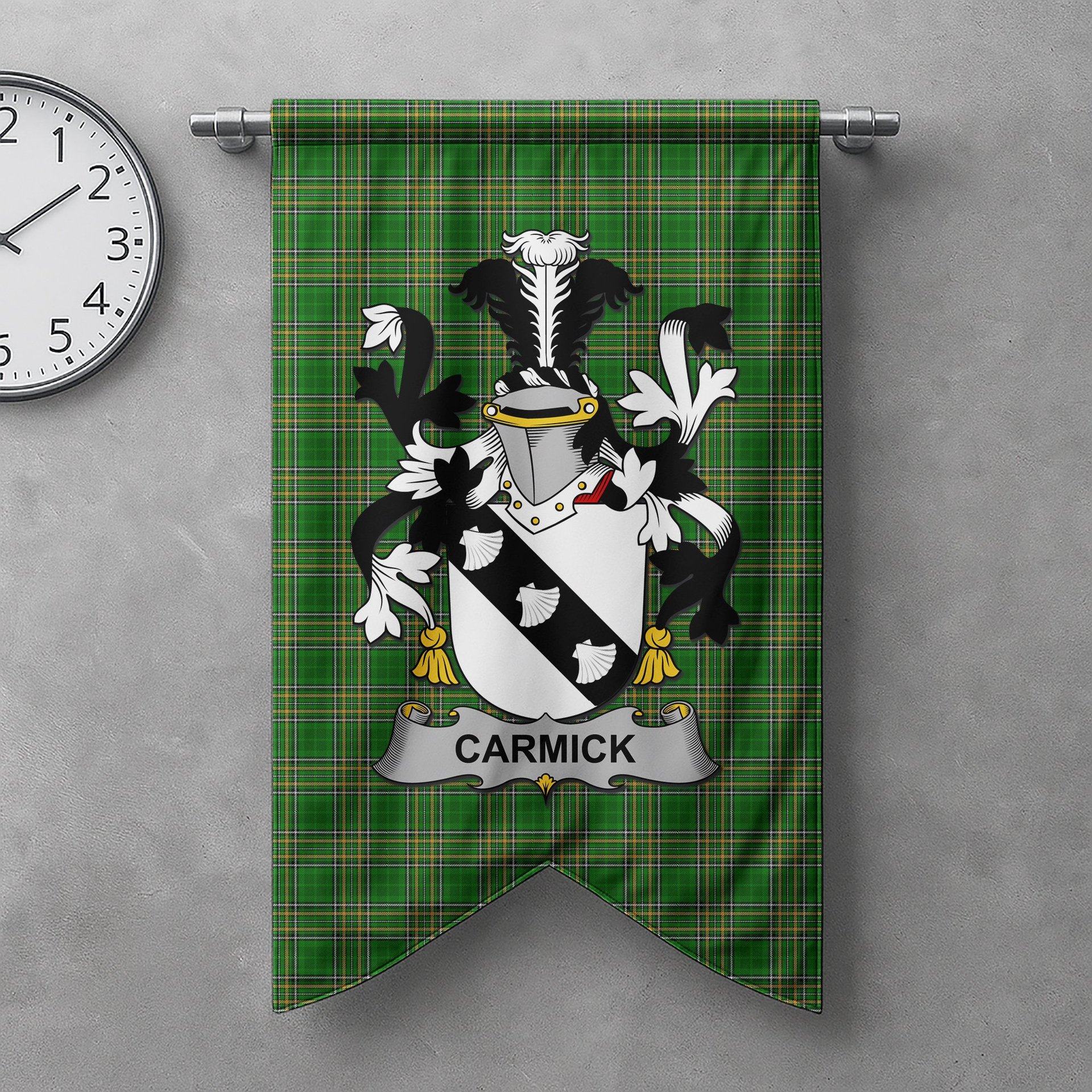 ScotsTee Shop Irish Carmick Clan Coat of Arms Irish Tartan Gonfalon Flag