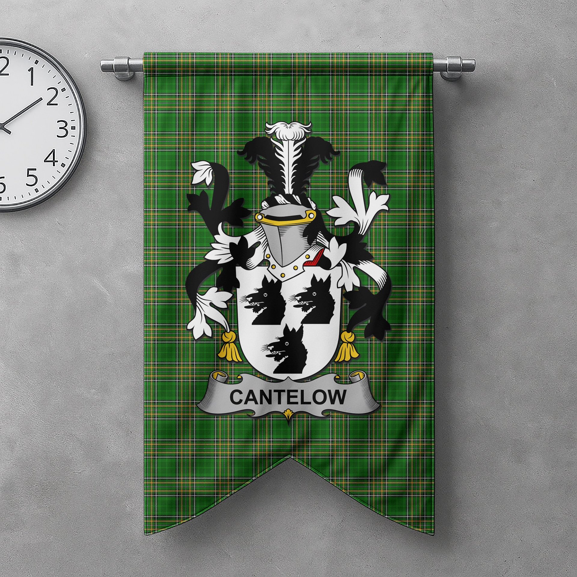 ScotsTee Shop Irish Cantelow (e) Clan Coat of Arms Irish Tartan Gonfalon Flag