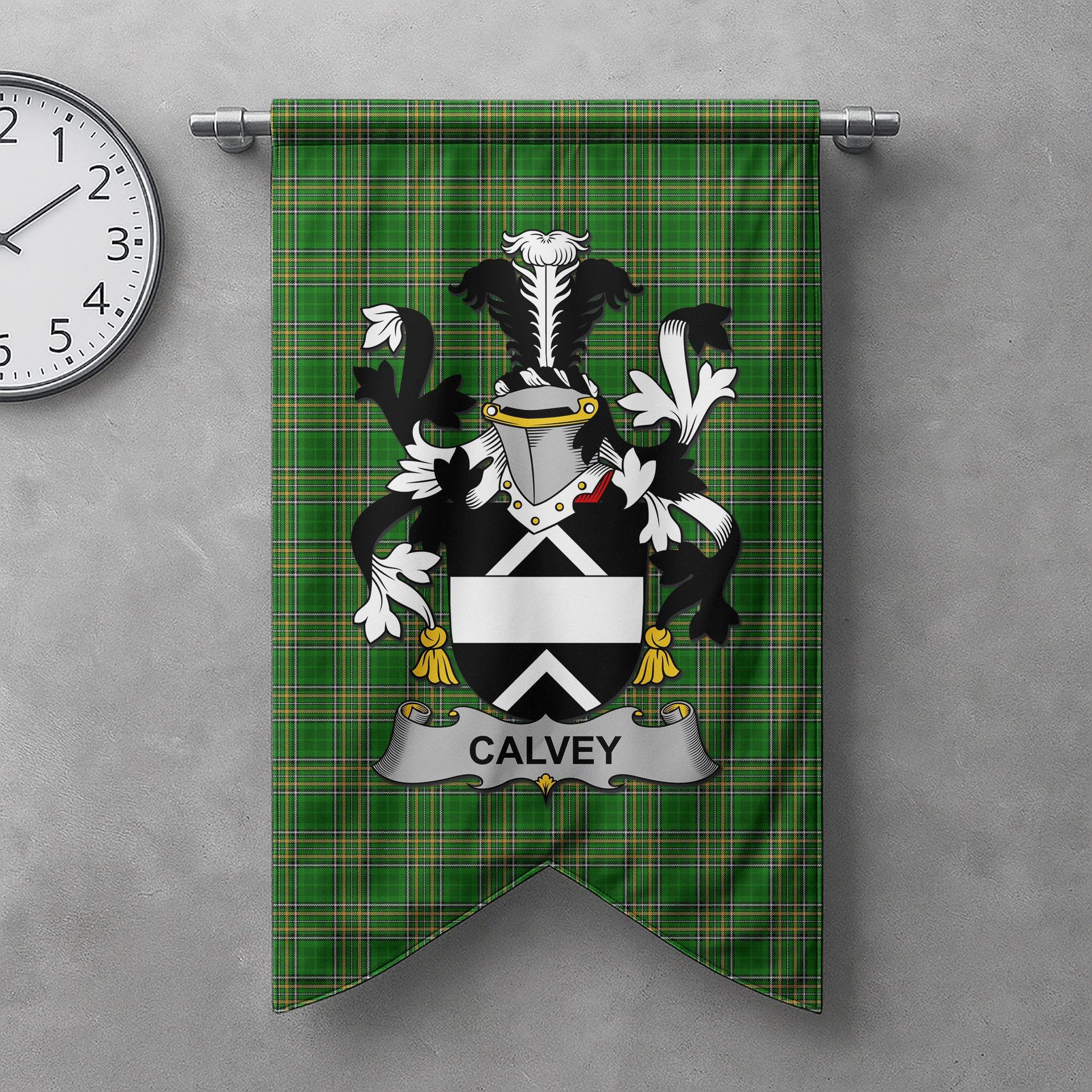 ScotsTee Shop Irish Calvey or McElwee Clan Coat of Arms Irish Tartan Gonfalon Flag