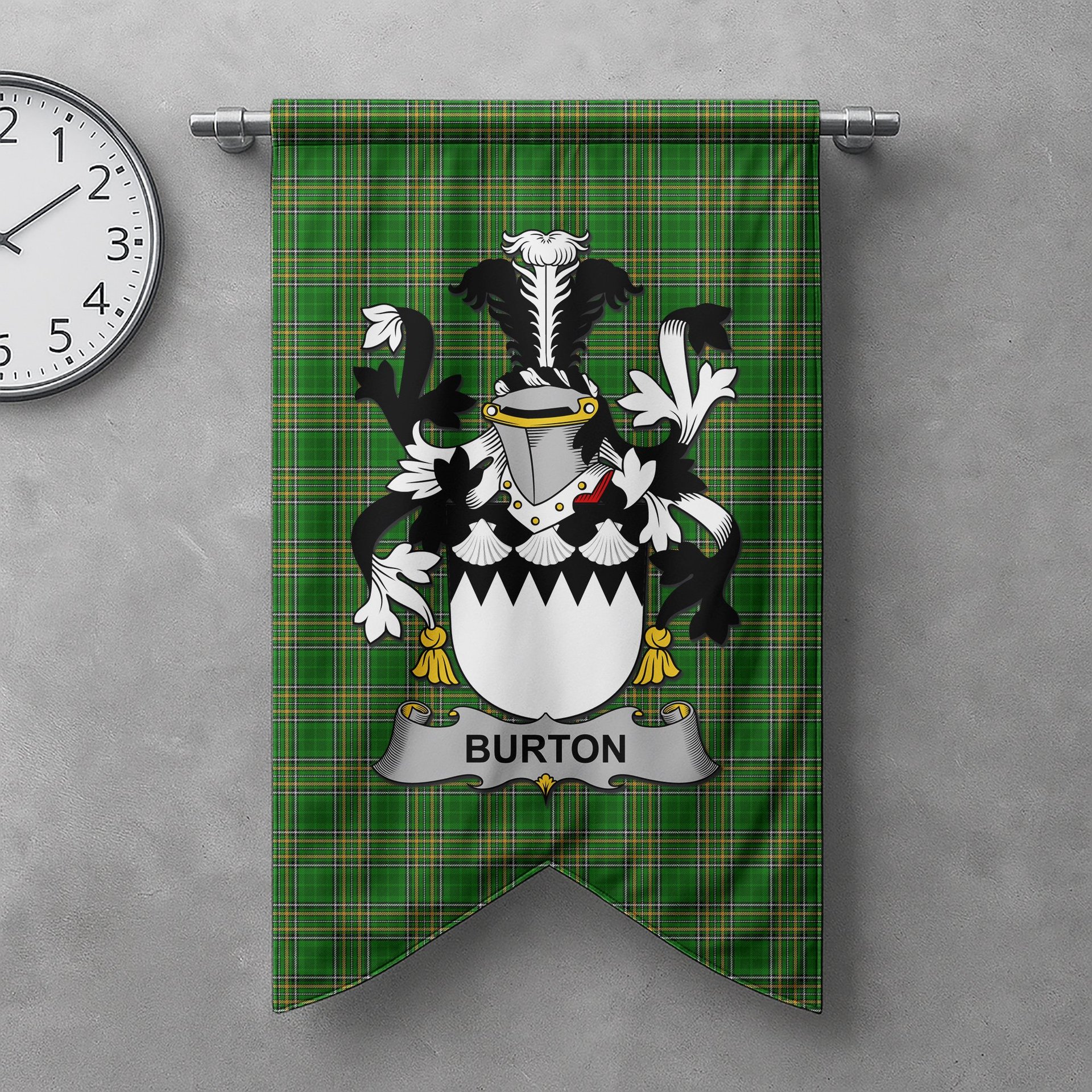 ScotsTee Shop Irish Burton Clan Coat of Arms Irish Tartan Gonfalon Flag