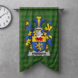 ScotsTee Shop Irish Brosnan or O'Brosnan Clan Coat of Arms Irish Tartan Gonfalon Flag