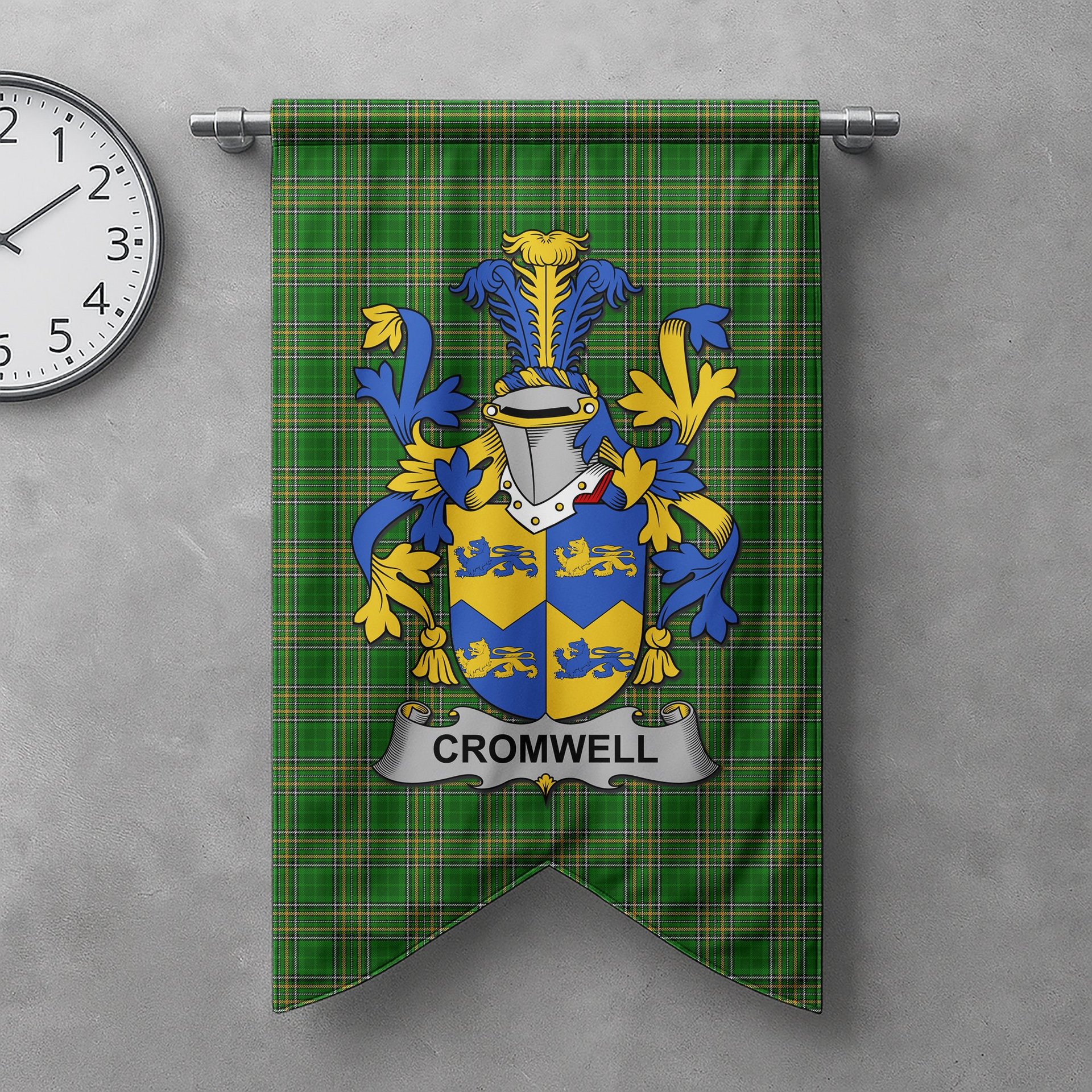 ScotsTee Shop Irish Cromwell Clan Coat of Arms Irish Tartan Gonfalon Flag