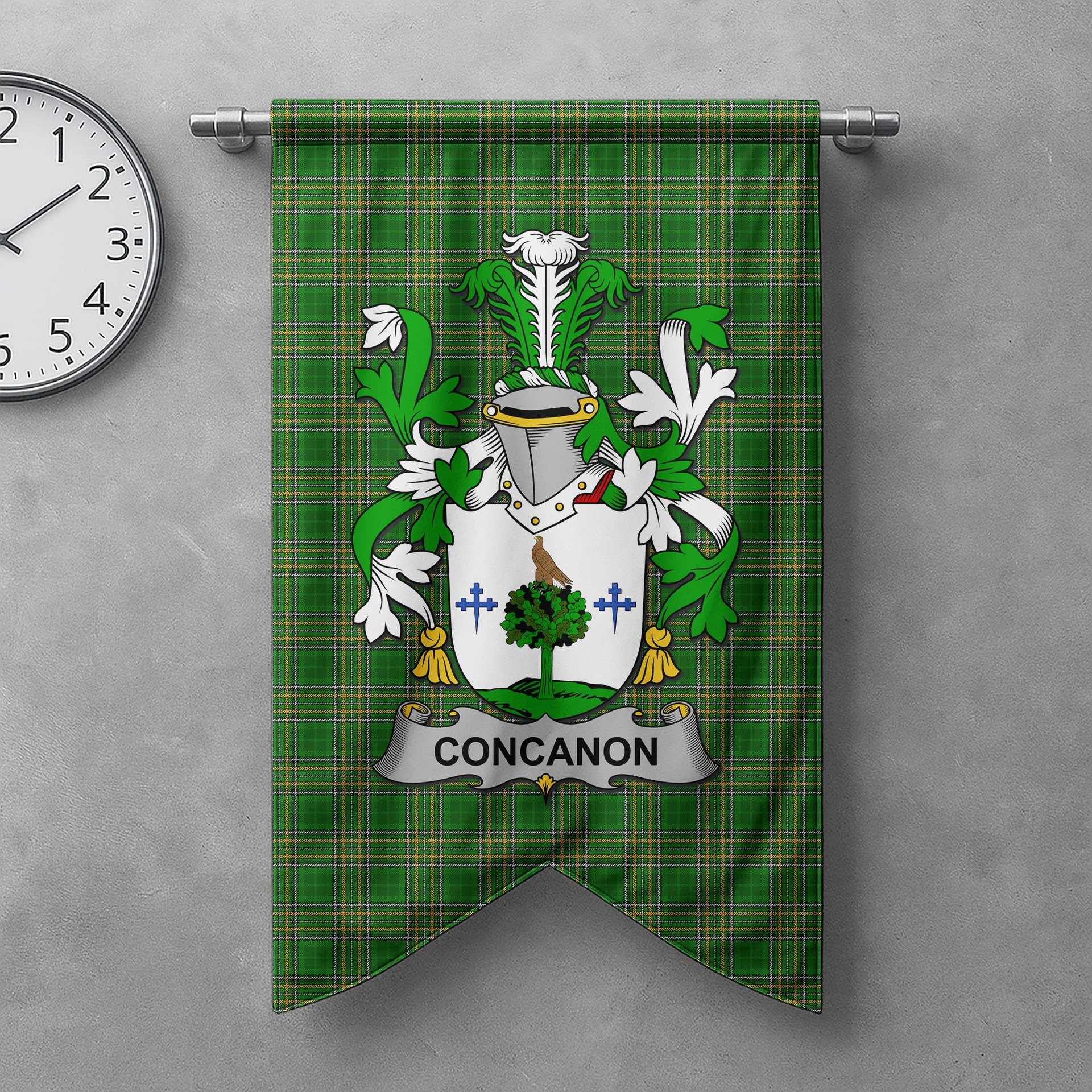 ScotsTee Shop Irish Concanon or O'Concanon Clan Coat of Arms Irish Tartan Gonfalon Flag