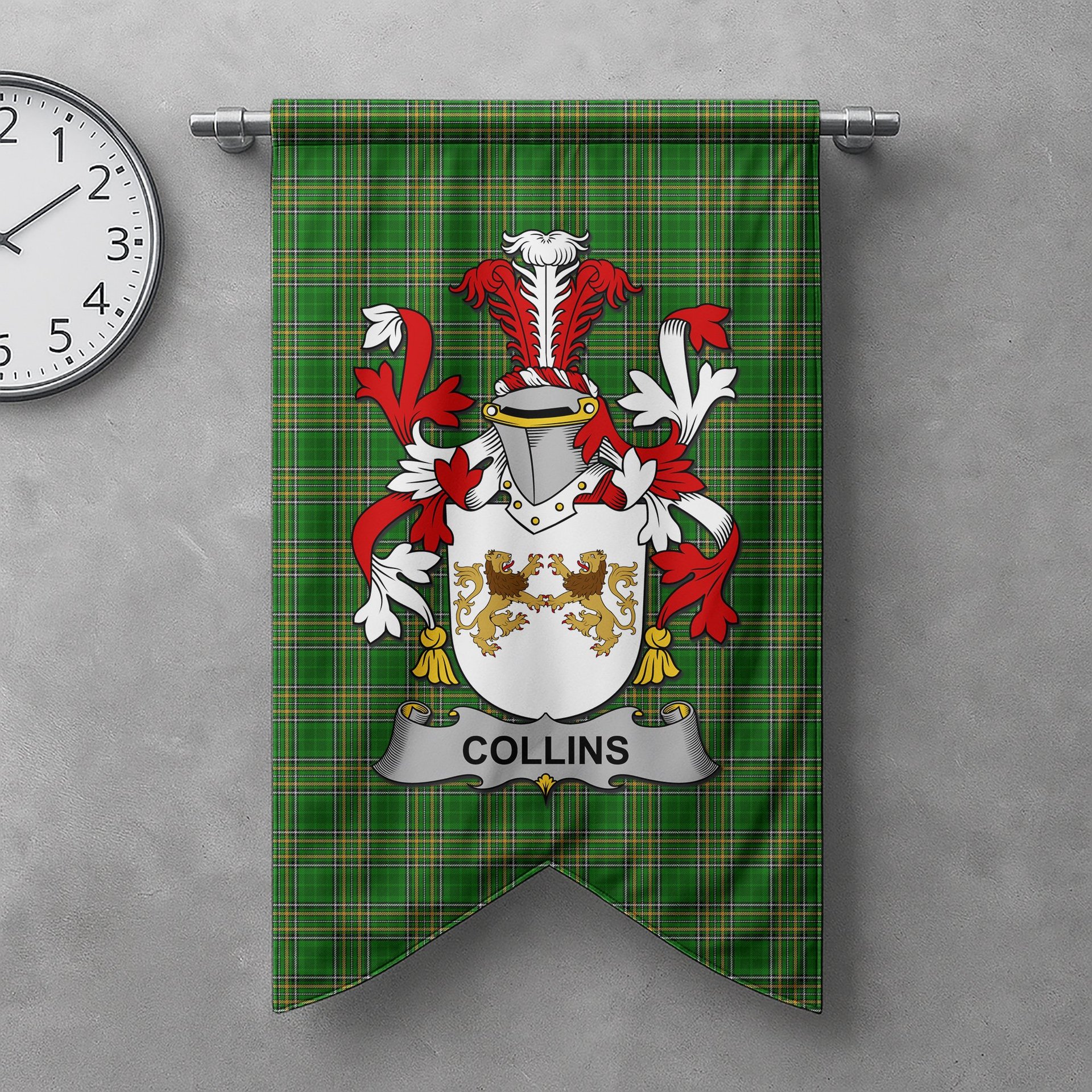 ScotsTee Shop Irish Collins Clan Coat of Arms Irish Tartan Gonfalon Flag