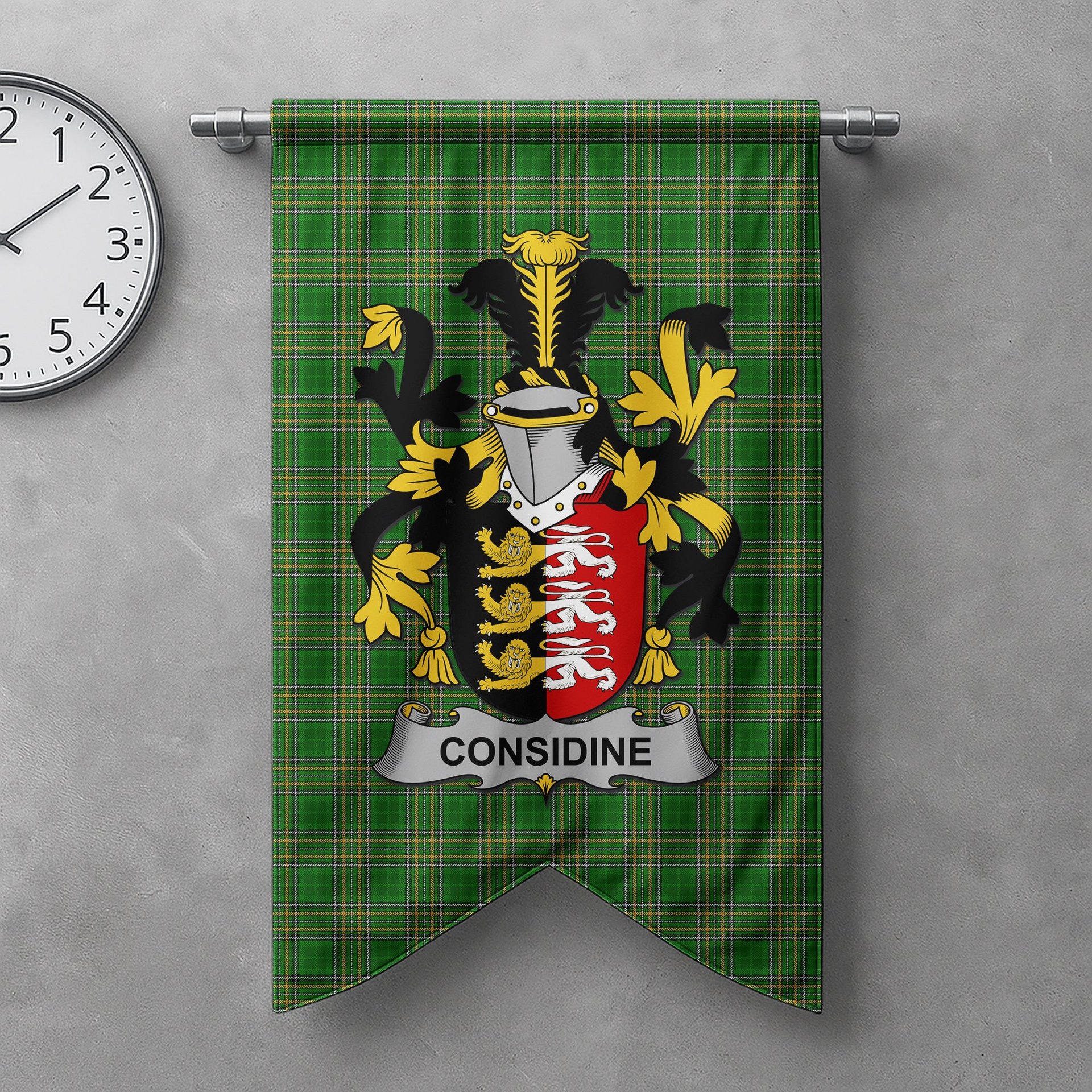 ScotsTee Shop Irish Considine or McConsidine Clan Coat of Arms Irish Tartan Gonfalon Flag