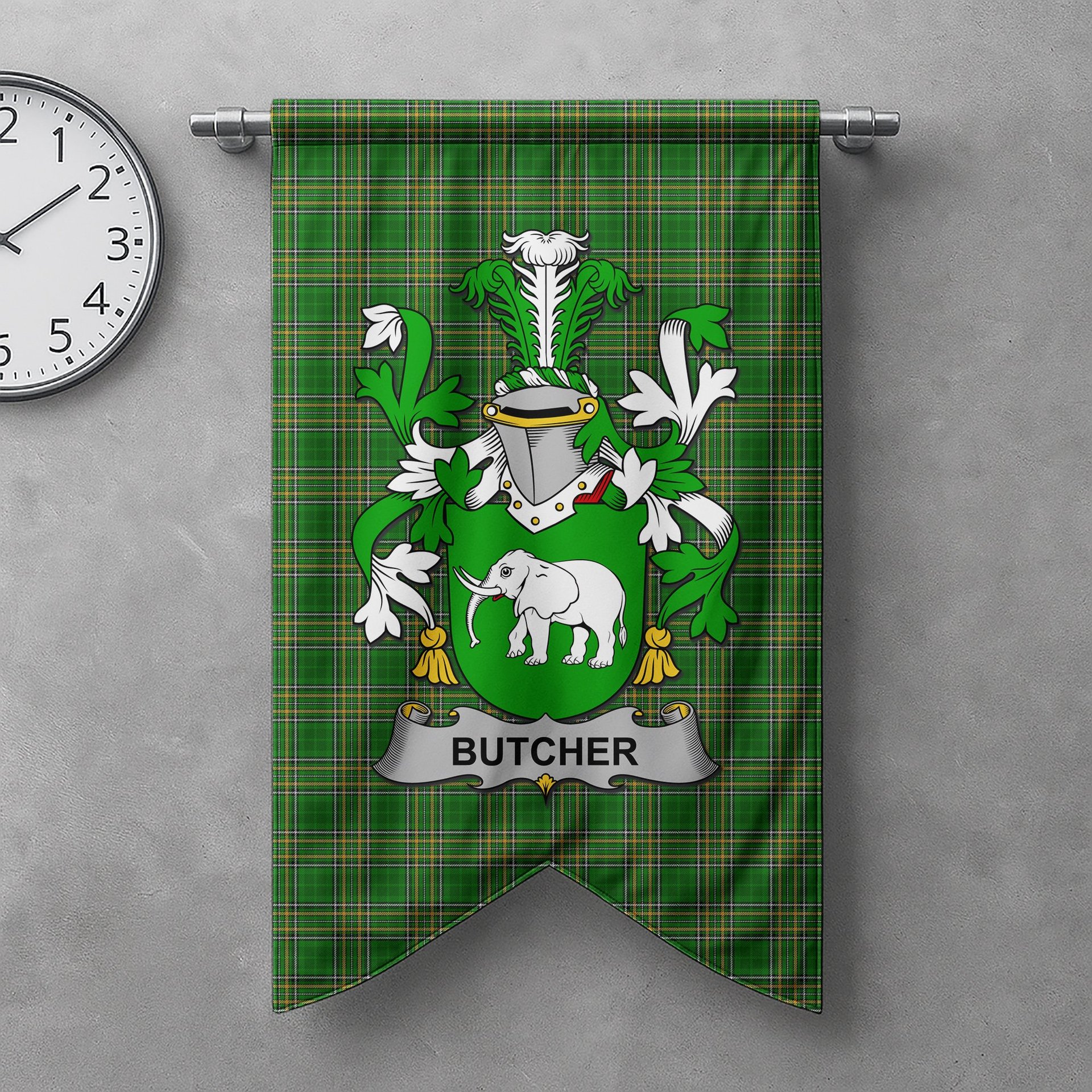 ScotsTee Shop Irish Butcher Clan Coat of Arms Irish Tartan Gonfalon Flag