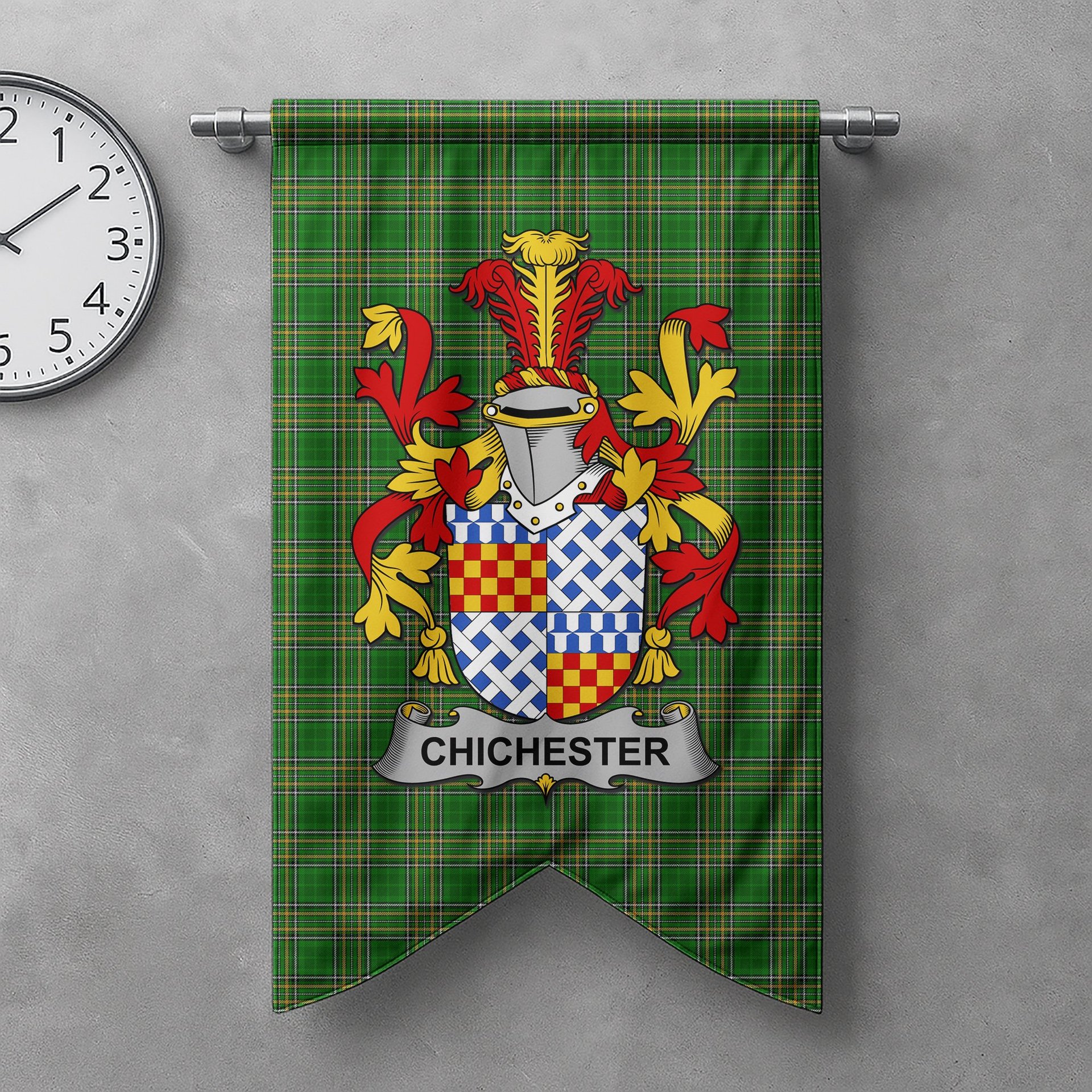 ScotsTee Shop Irish Chichester Clan Coat of Arms Irish Tartan Gonfalon Flag