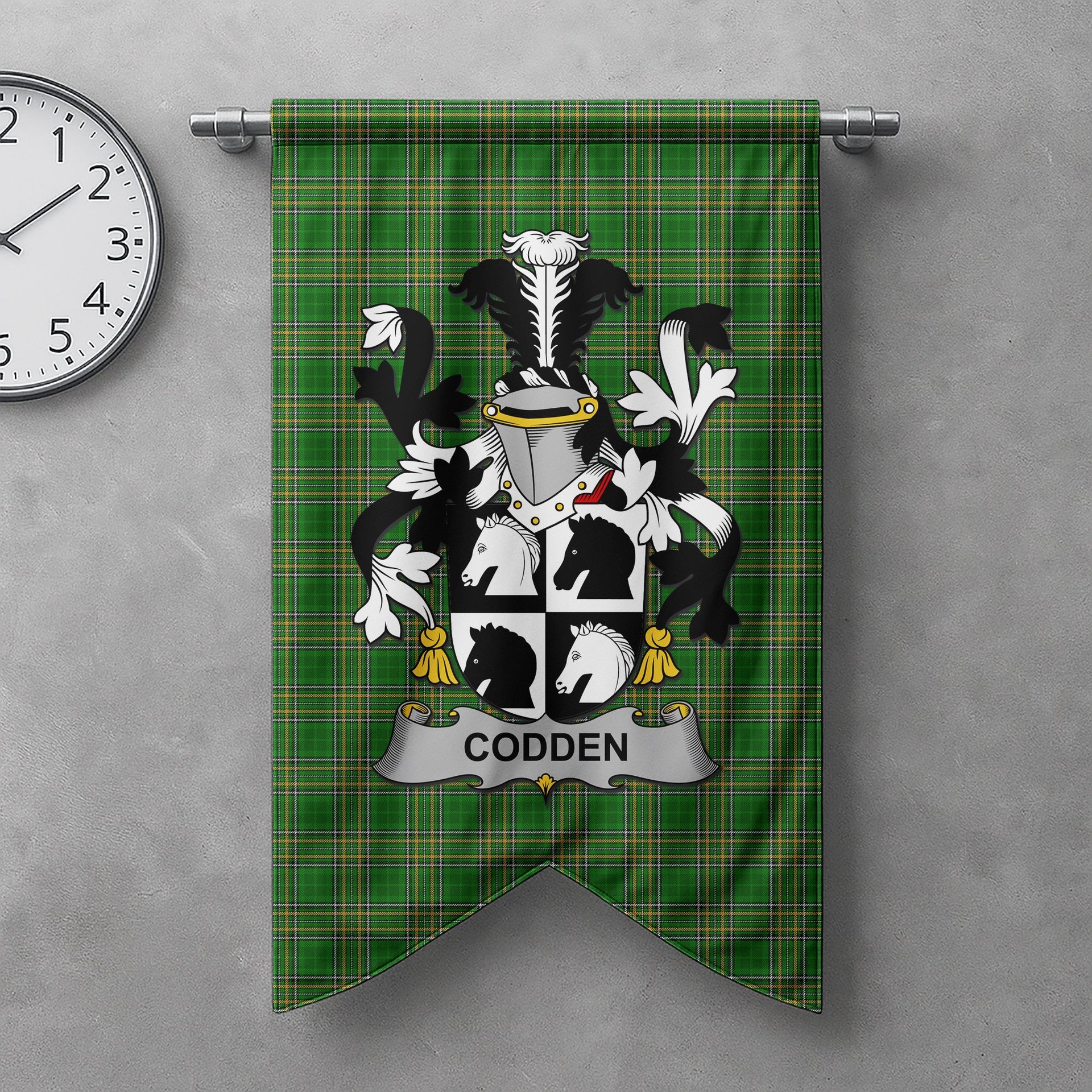 ScotsTee Shop Irish Codden or McCodden Clan Coat of Arms Irish Tartan Gonfalon Flag