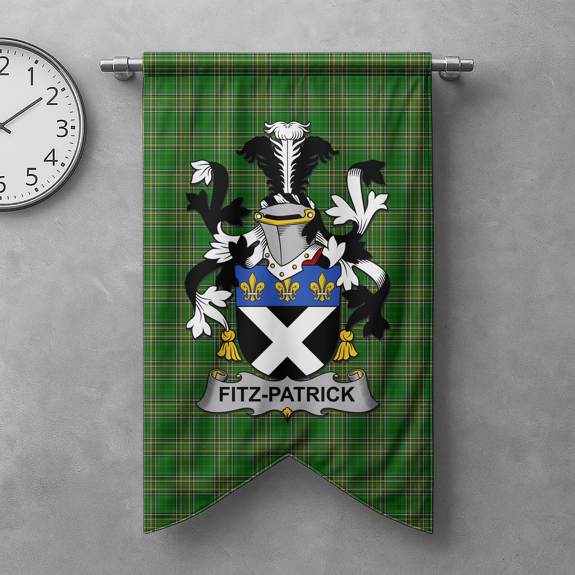 ScotsTee Shop Irish Fitz-Patrick Clan Coat of Arms Irish Tartan Gonfalon Flag
