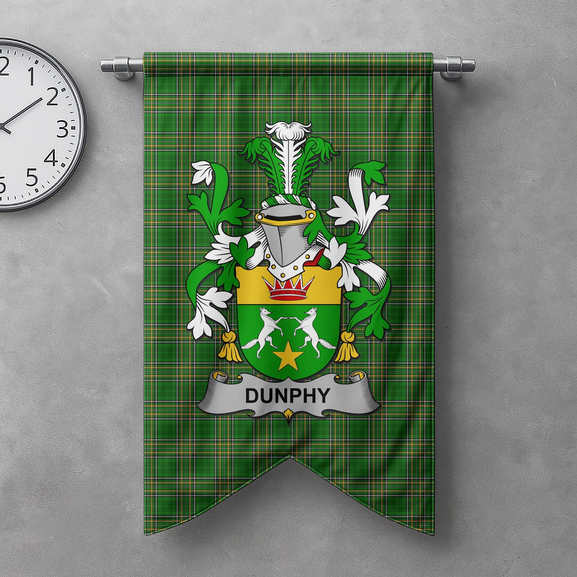 ScotsTee Shop Irish Dunphy (Middle Temple - Burke_s) Clan Coat of Arms Irish Tartan Gonfalon Flag