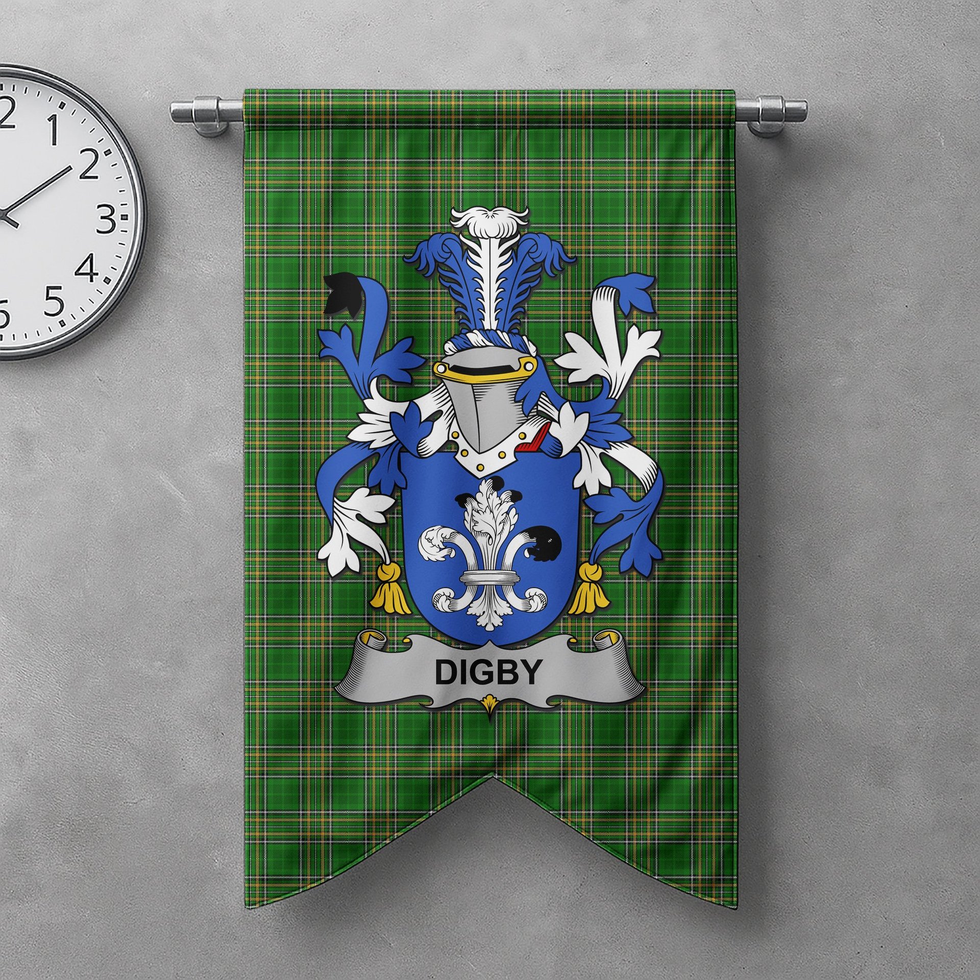 ScotsTee Shop Irish Digby Clan Coat of Arms Irish Tartan Gonfalon Flag