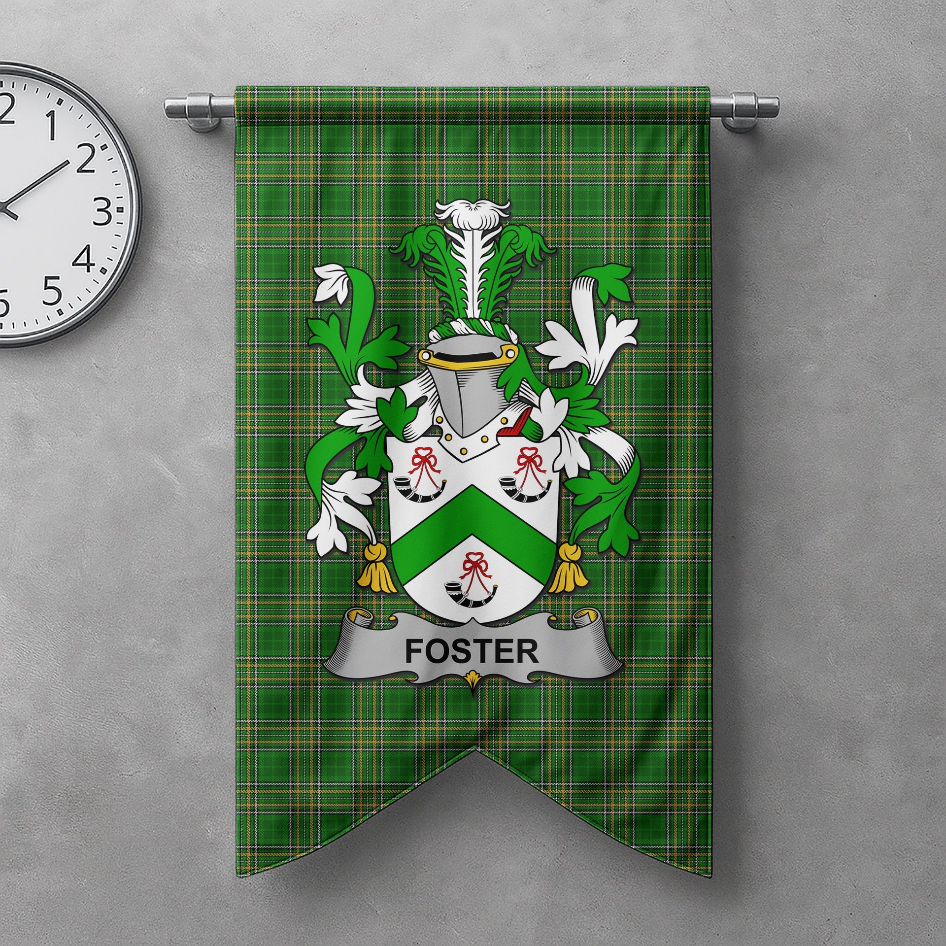 ScotsTee Shop Irish Foster Clan Coat of Arms Irish Tartan Gonfalon Flag