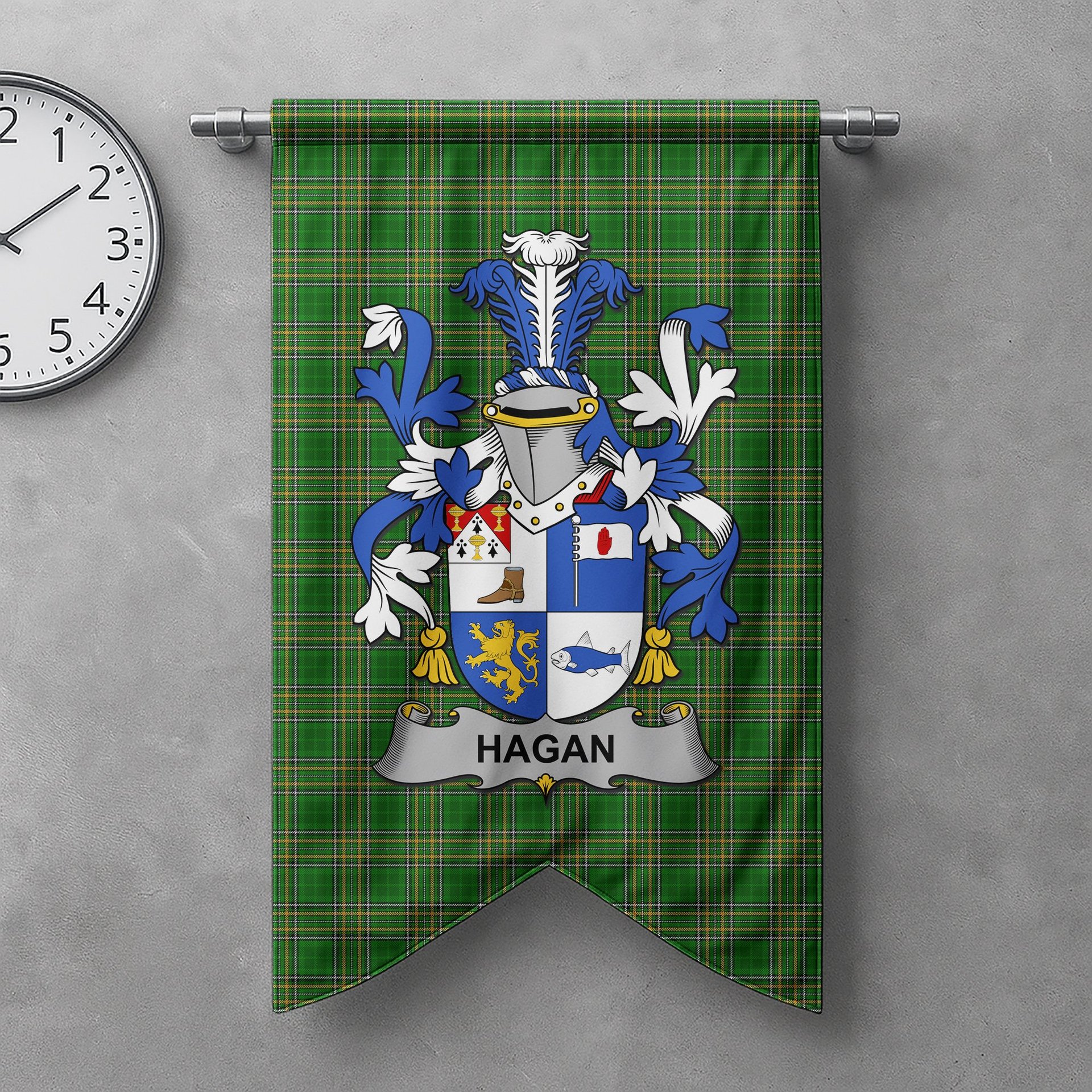 ScotsTee Shop Irish Hagan or O'Hagan Clan Coat of Arms Irish Tartan Gonfalon Flag
