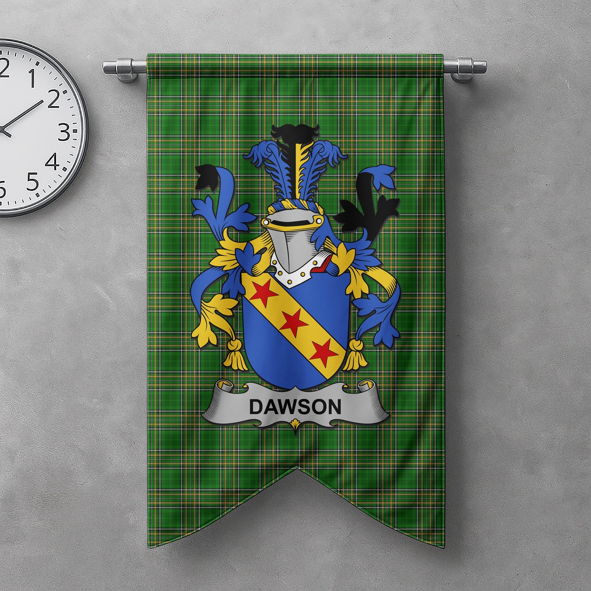 ScotsTee Shop Irish Dawson Clan Coat of Arms Irish Tartan Gonfalon Flag