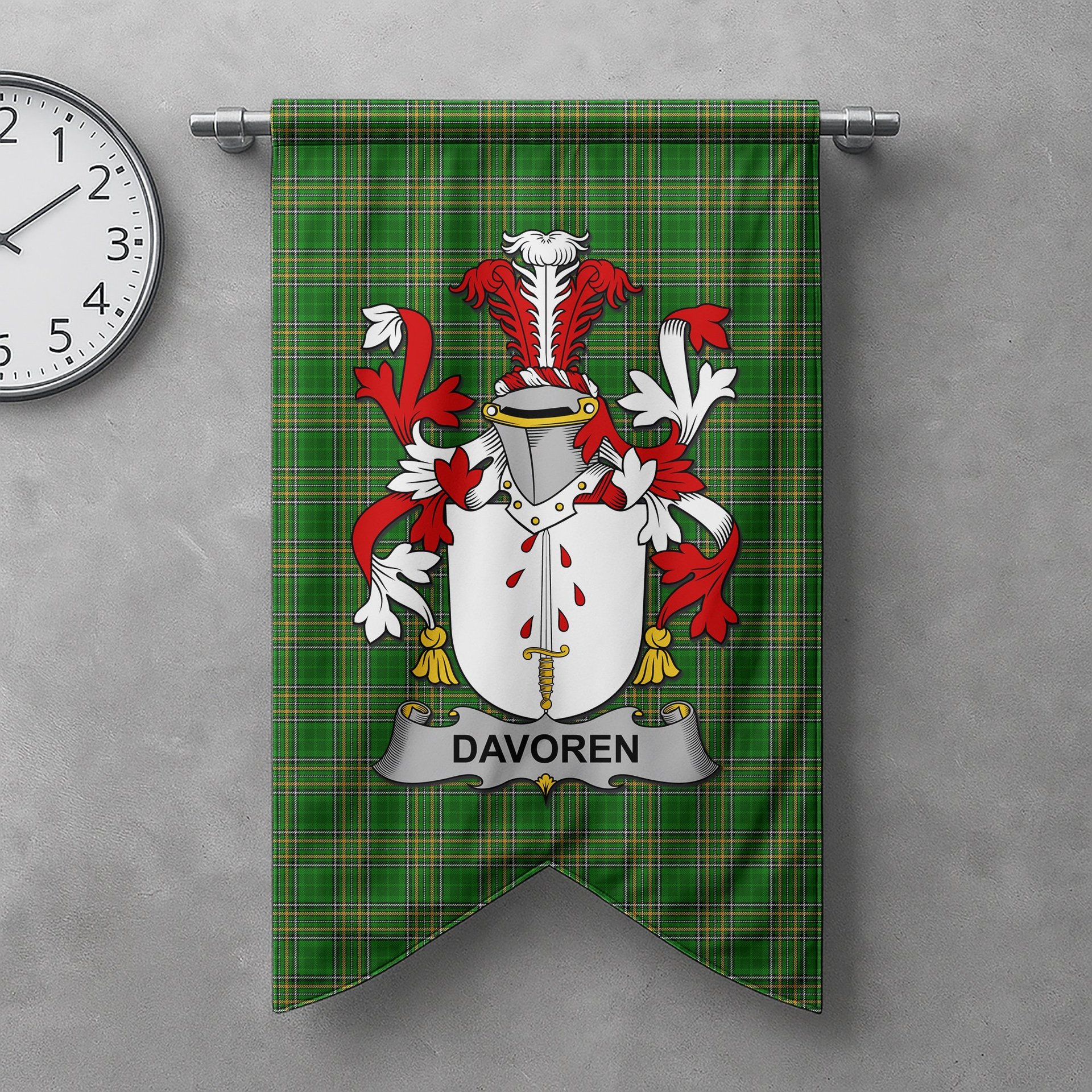 ScotsTee Shop Irish Davoren or O'Davoren Clan Coat of Arms Irish Tartan Gonfalon Flag