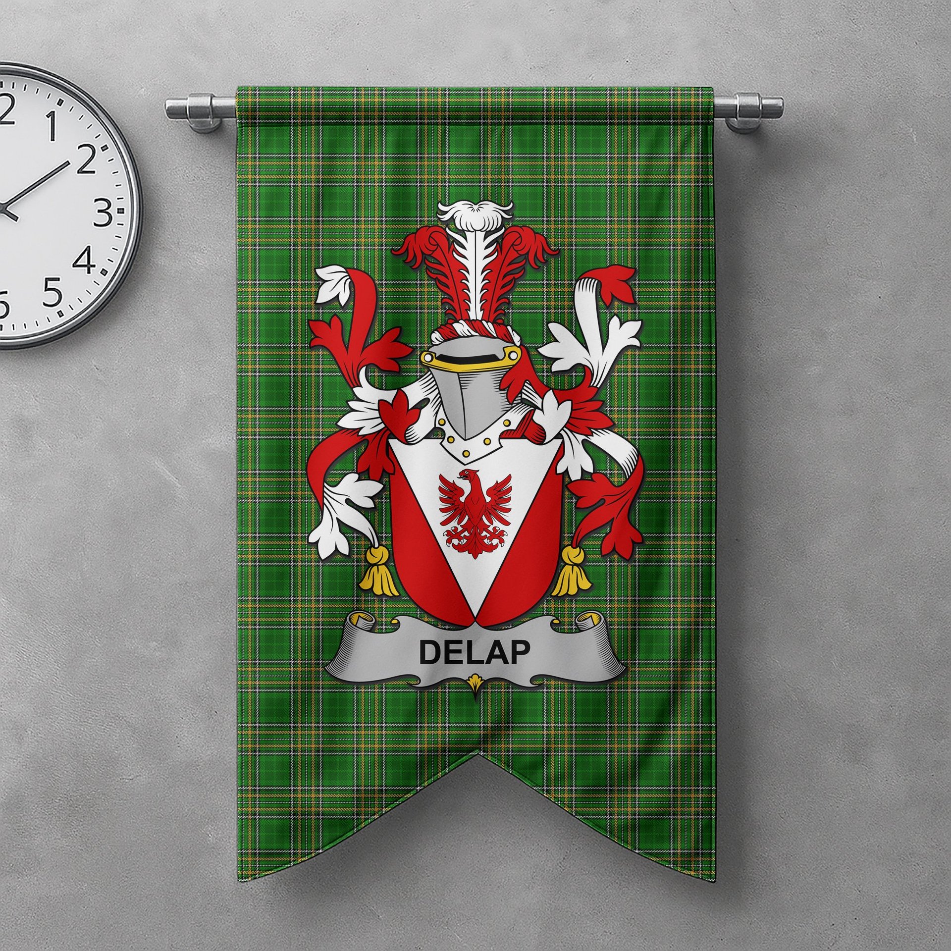 ScotsTee Shop Irish Delap Clan Coat of Arms Irish Tartan Gonfalon Flag