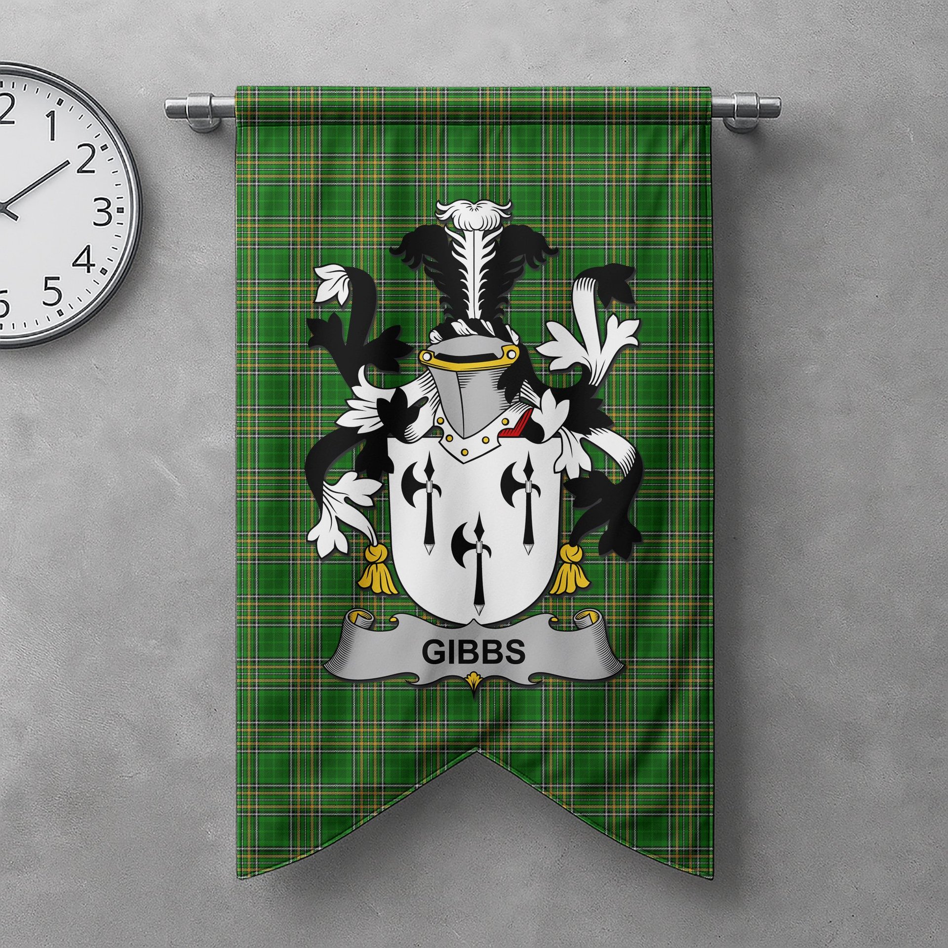 ScotsTee Shop Irish Gibbs Clan Coat of Arms Irish Tartan Gonfalon Flag
