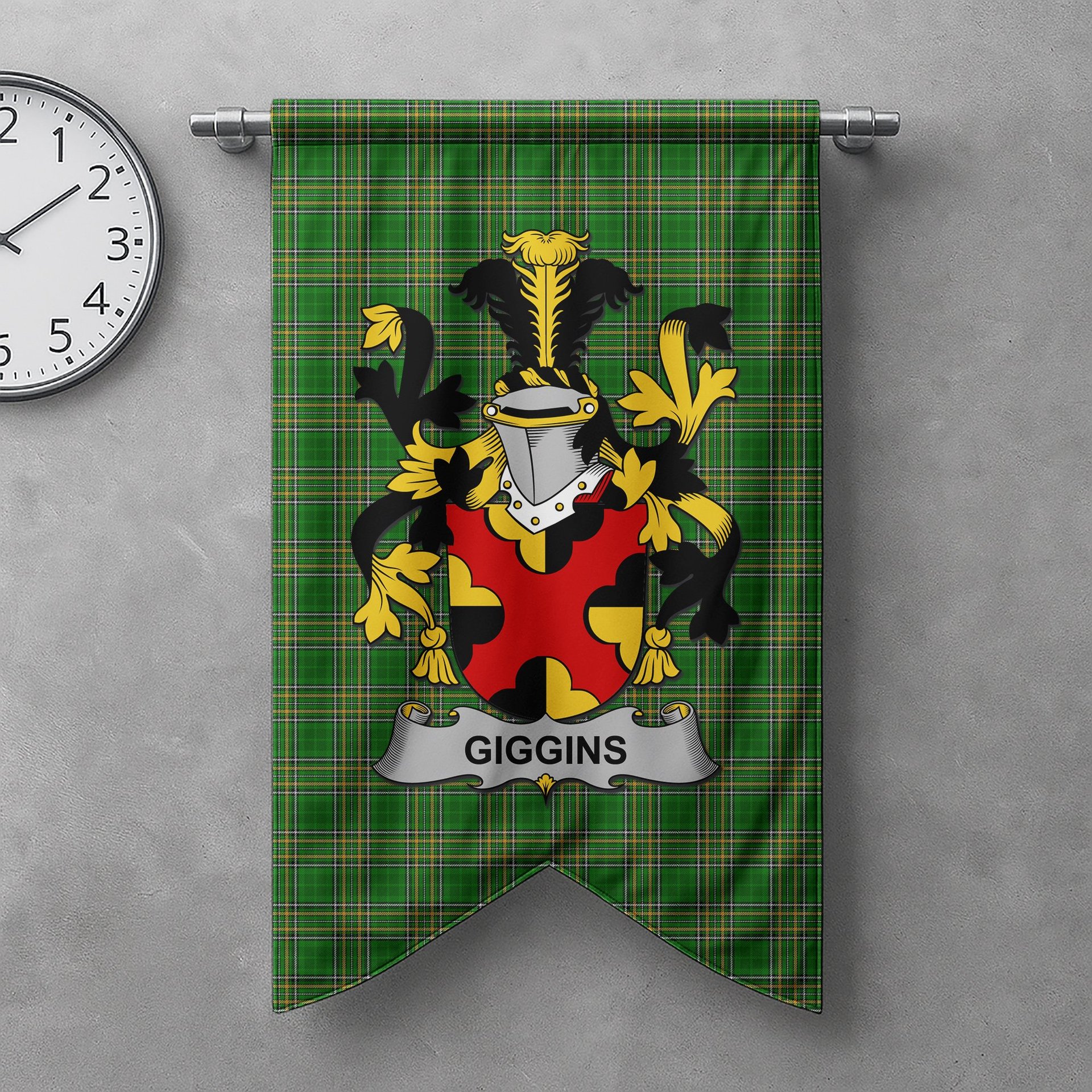 ScotsTee Shop Irish Giggins Clan Coat of Arms Irish Tartan Gonfalon Flag